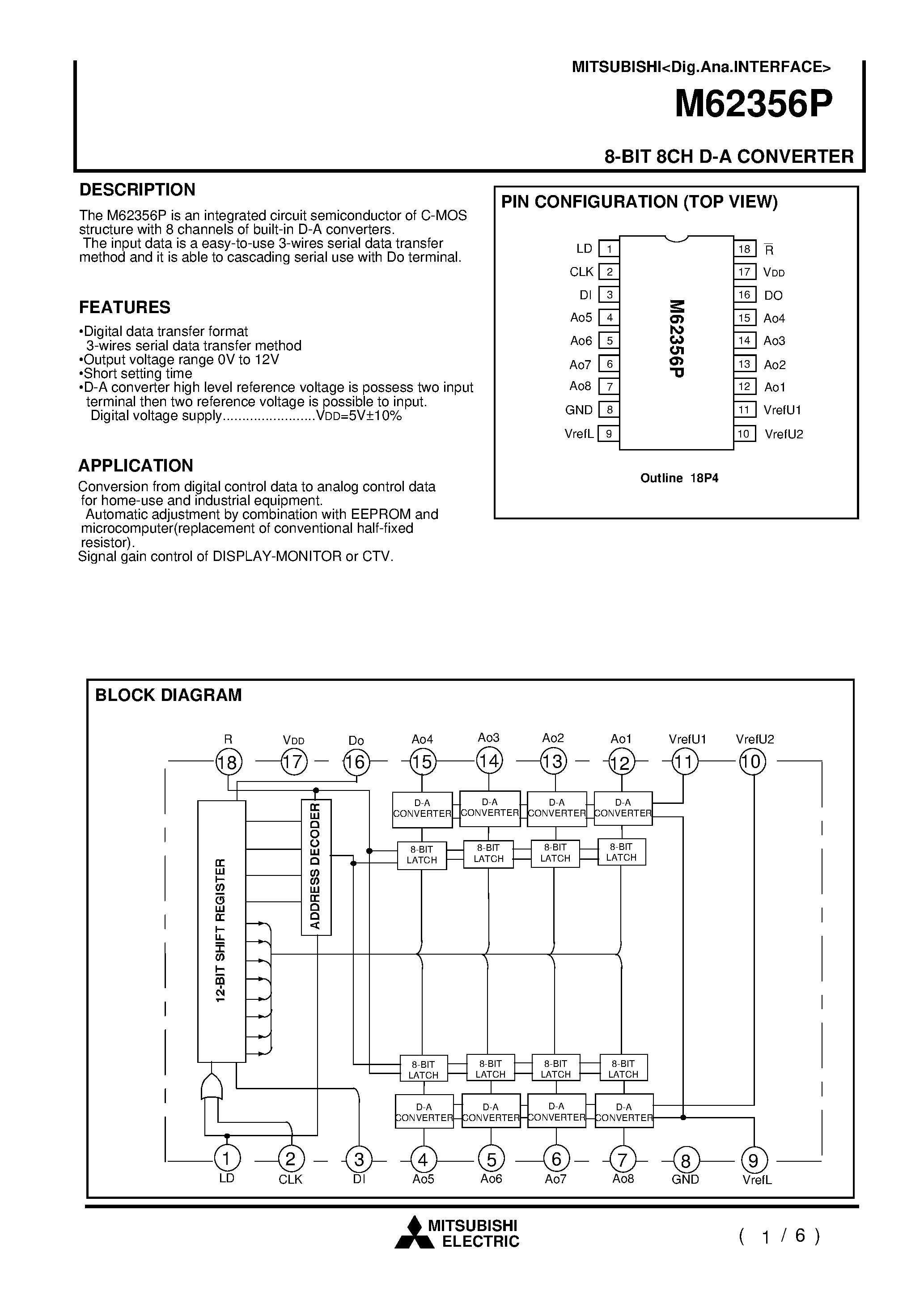 Даташит на микросхему M62356P страница 1 Даташит M62356P - 8-BIT 8CH D-A CONVERTER страница 1
