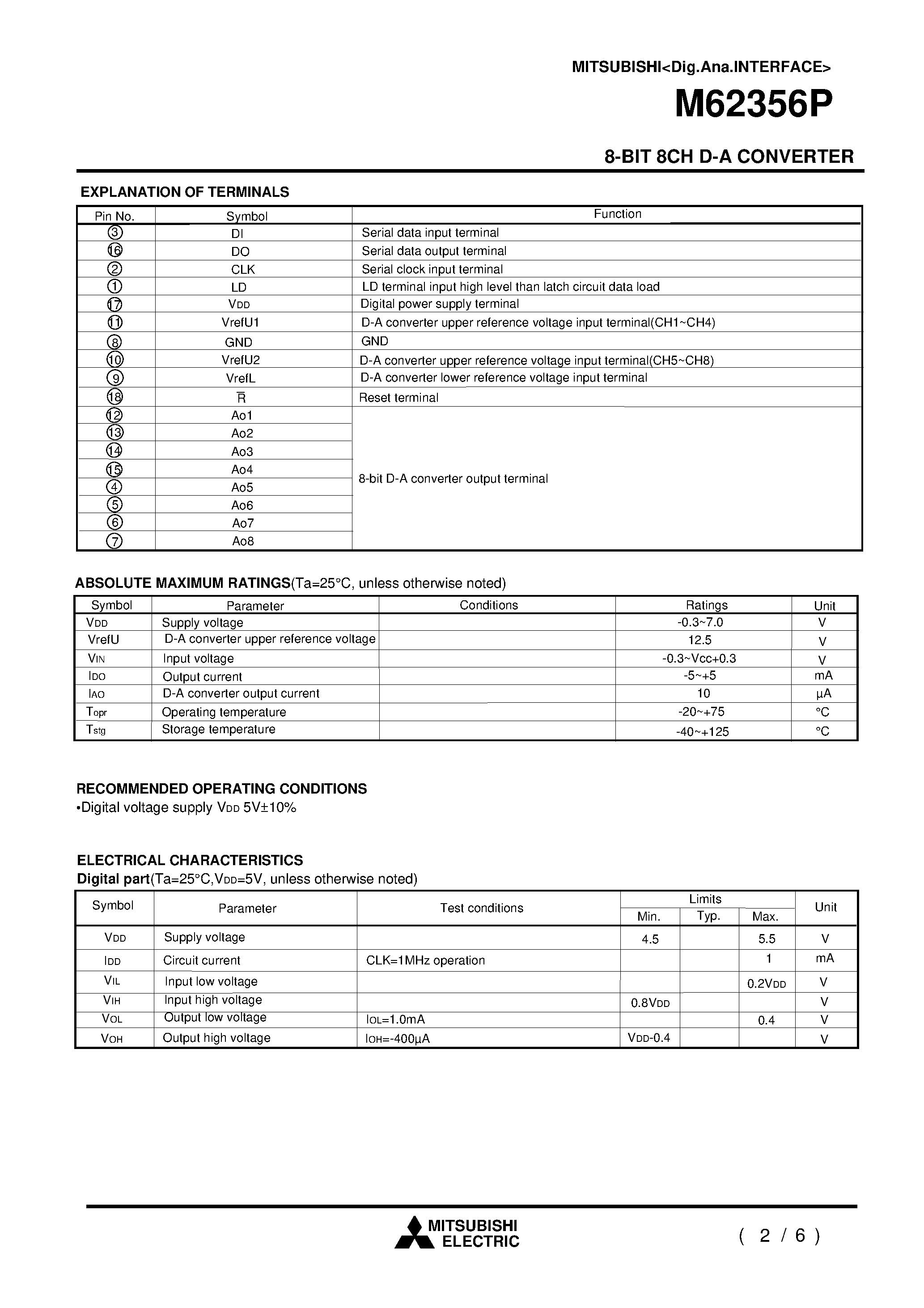 Даташит на микросхему M62356P страница 2 Даташит M62356P - 8-BIT 8CH D-A CONVERTER страница 2