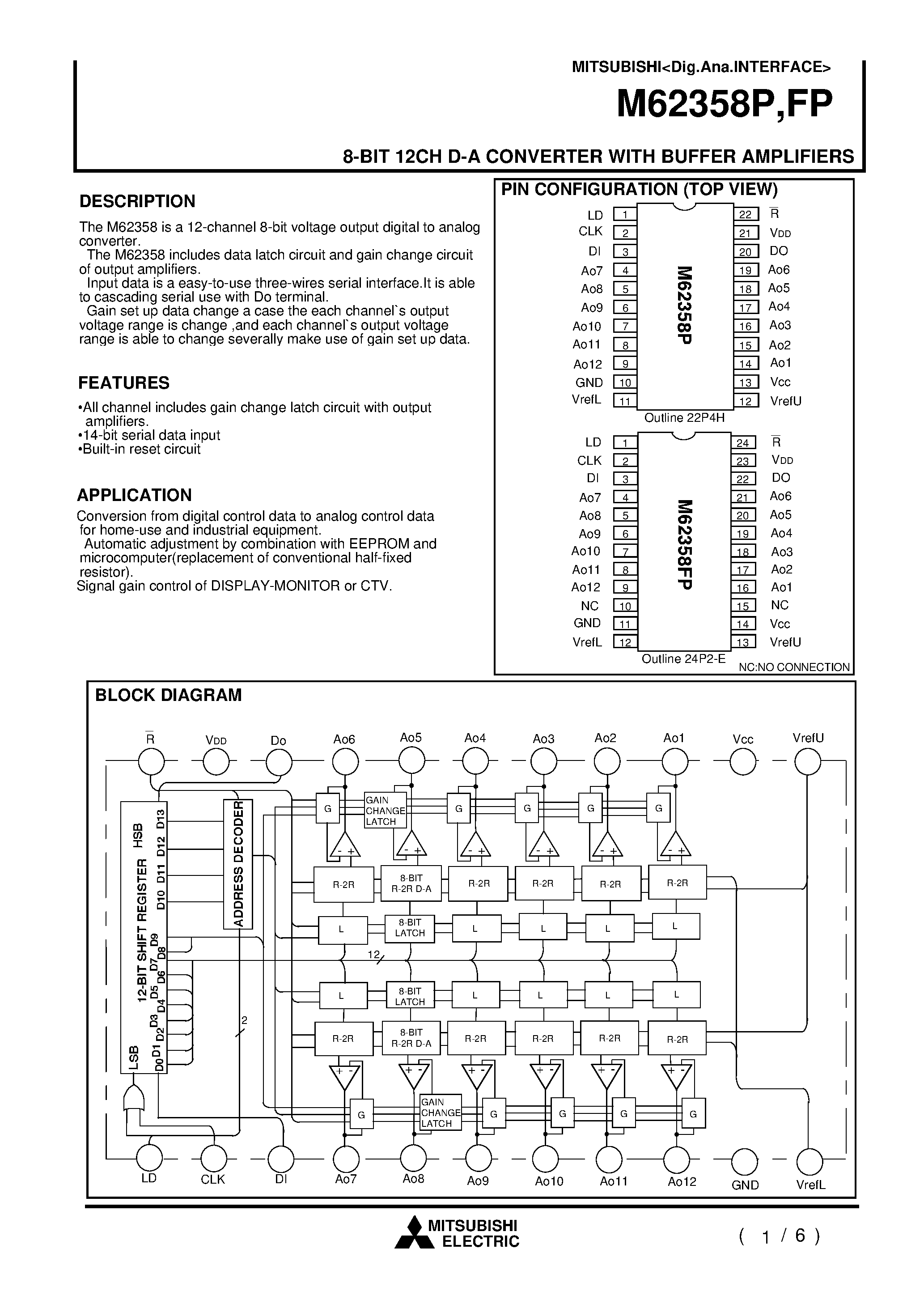 Даташит на микросхему M62358 страница 1 Даташит M62358 - 8-BIT 12CH D-A CONVERTER WITH BUFFER AMPLIFIERS страница 1