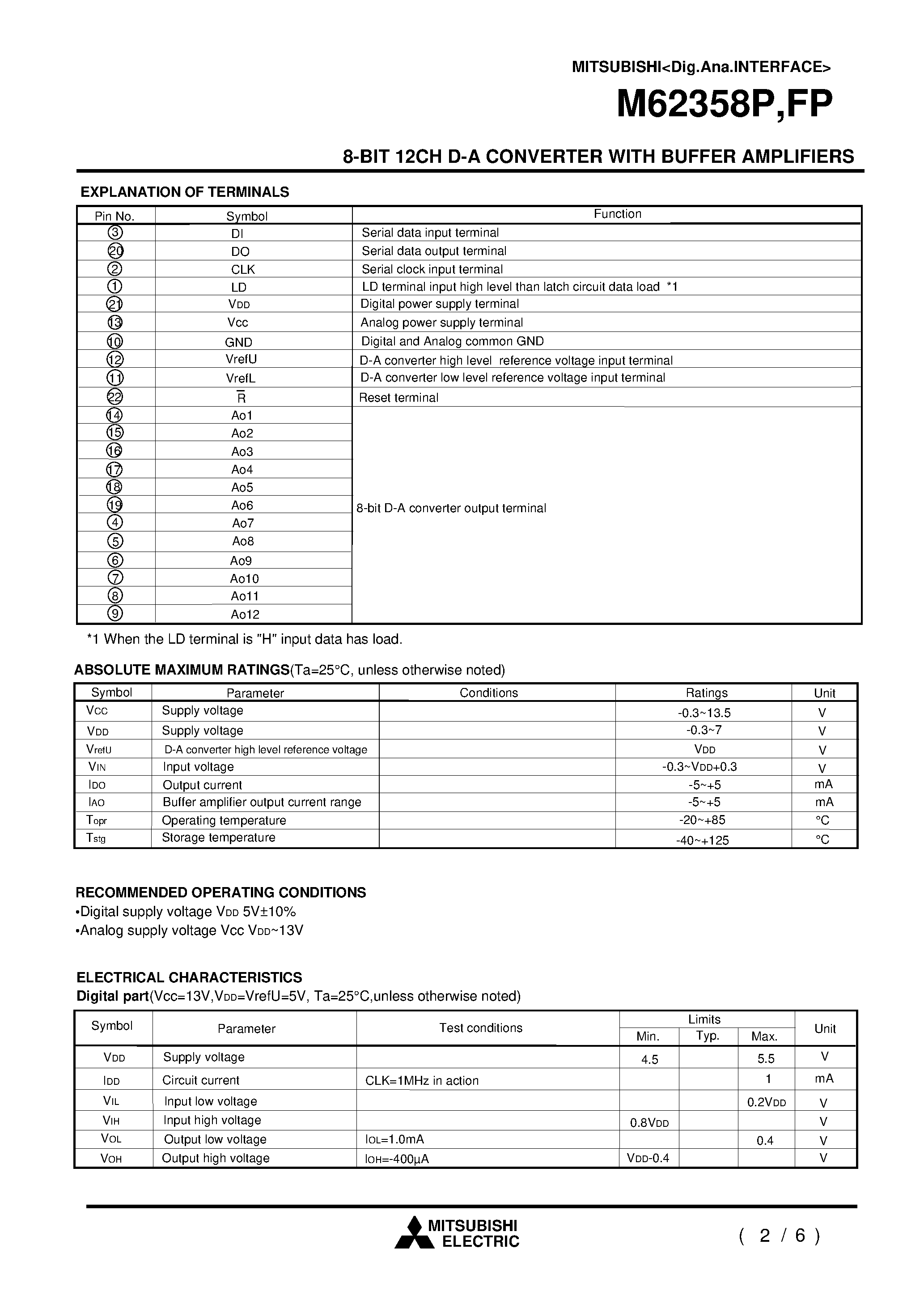 Даташит M62358P - 8-BIT 12CH D-A CONVERTER WITH BUFFER AMPLIFIERS страница 2