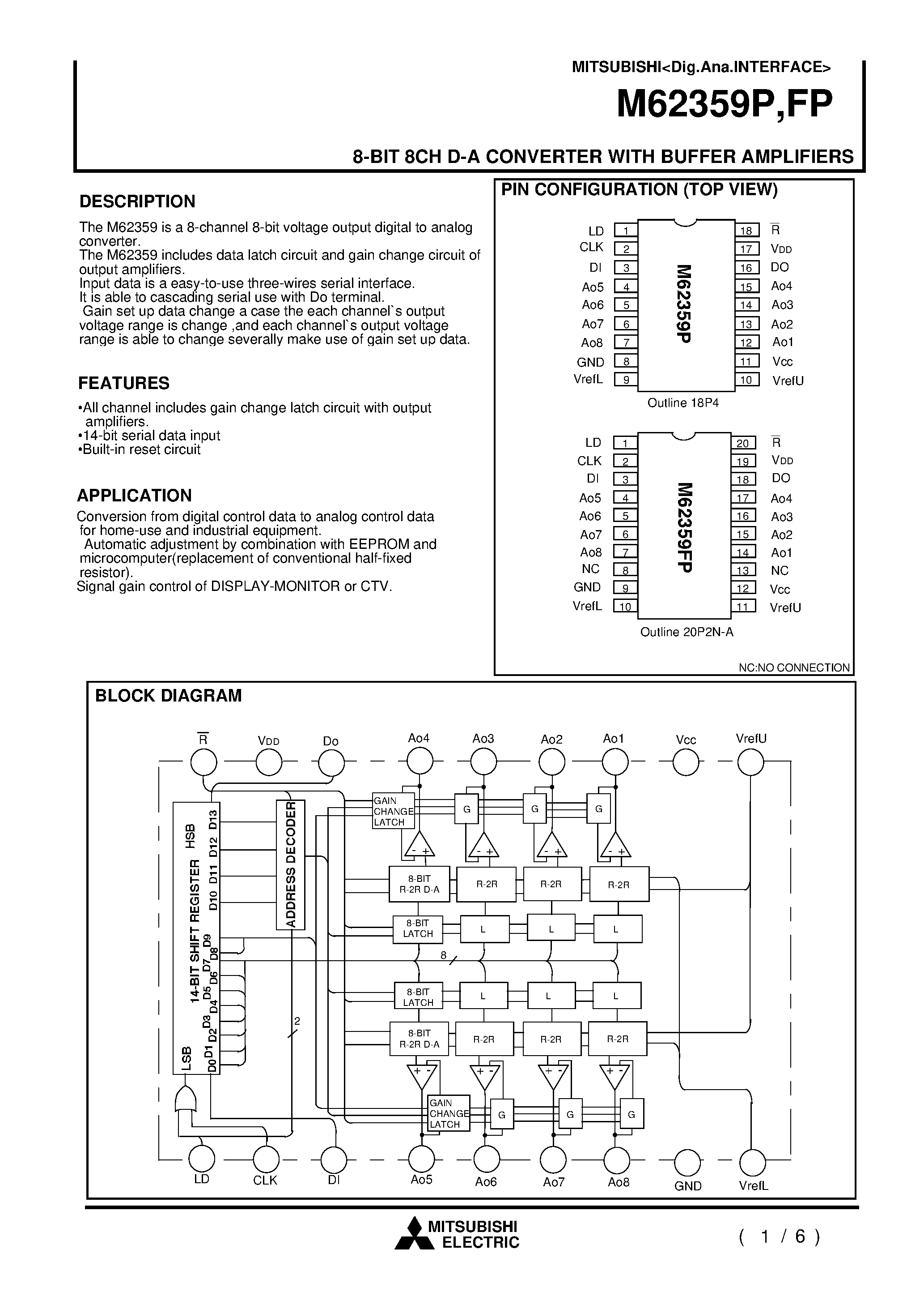 Даташит M62359FP - 8-BIT 8CH D-A CONVERTER WITH BUFFER AMPLIFIERS страница 1