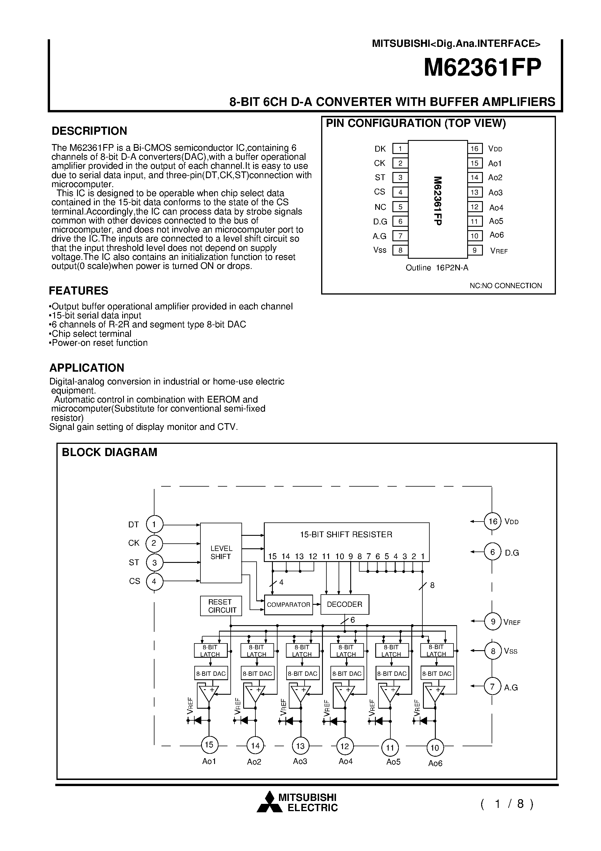 Даташит M62361FP - 8-BIT 6CH D-A CONVERTER WITH BUFFER AMPLIFIERS страница 1