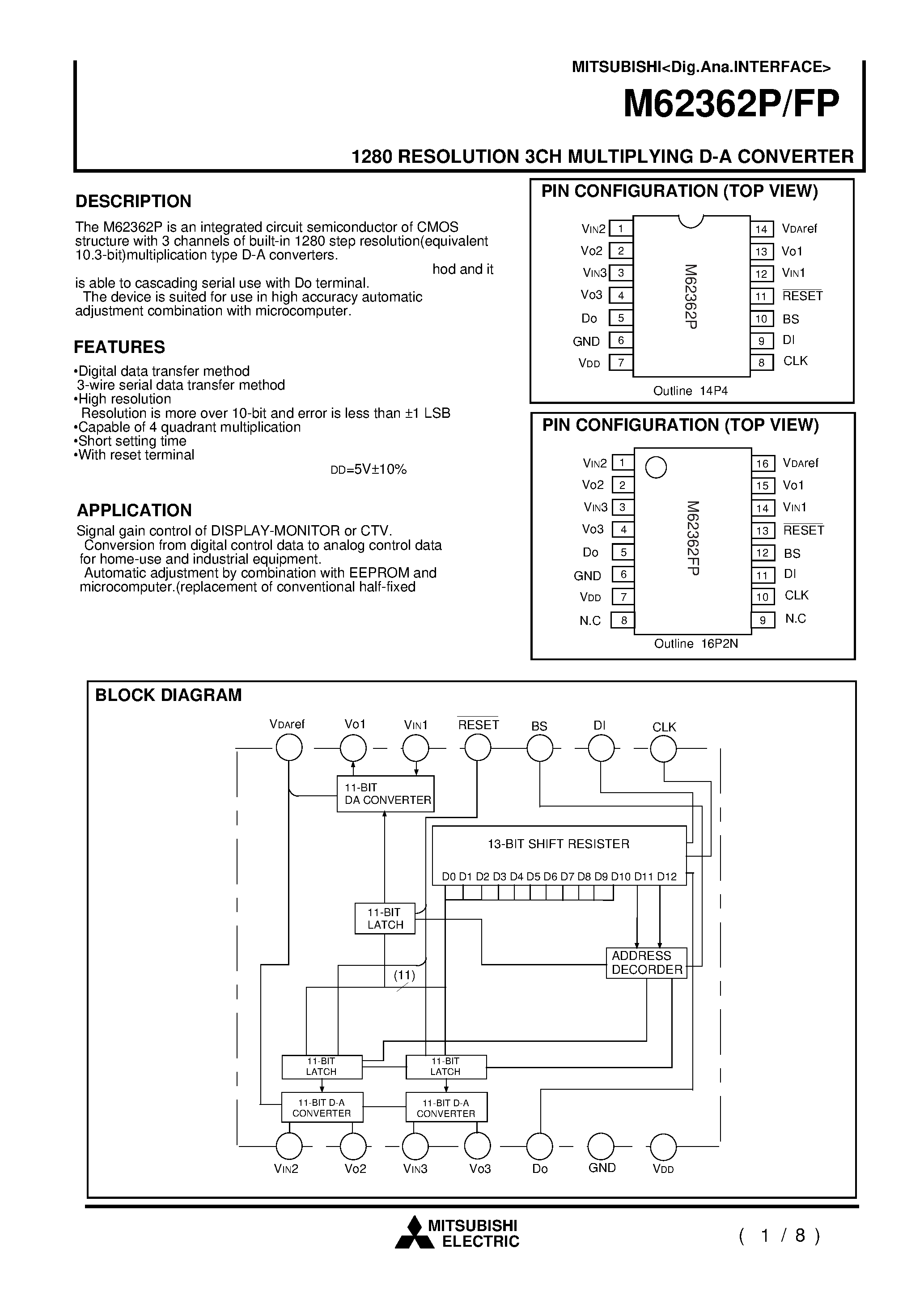 Даташит M62362 - 1280 RESOLUTION 3CH MULTIPLYING D-A CONVERTER страница 1