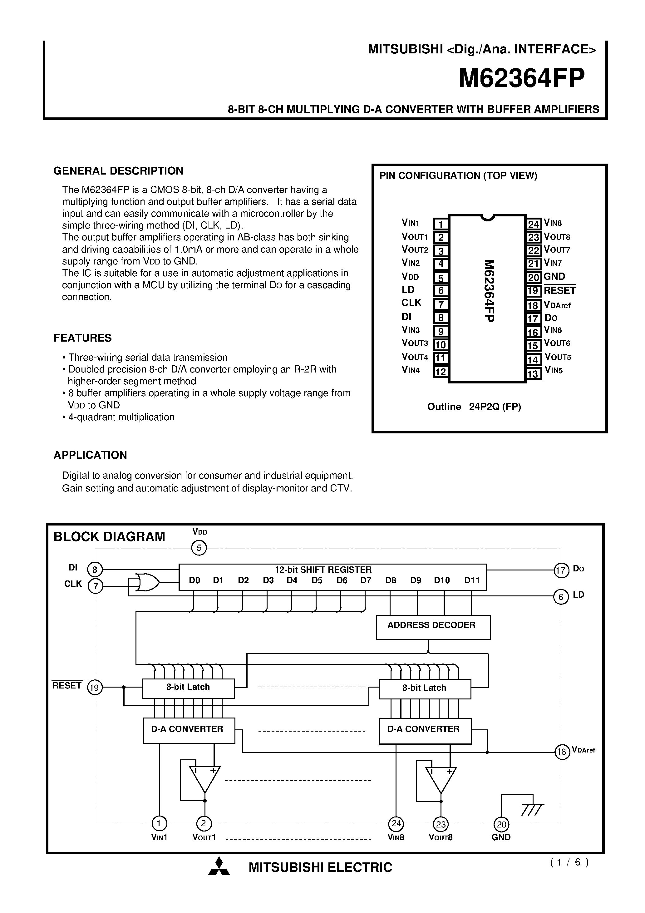 Даташит M62364 - 8-BIT 8-CH MULTIPLYING D-A CONVERTER WITH BUFFER AMPLIFIERS страница 1