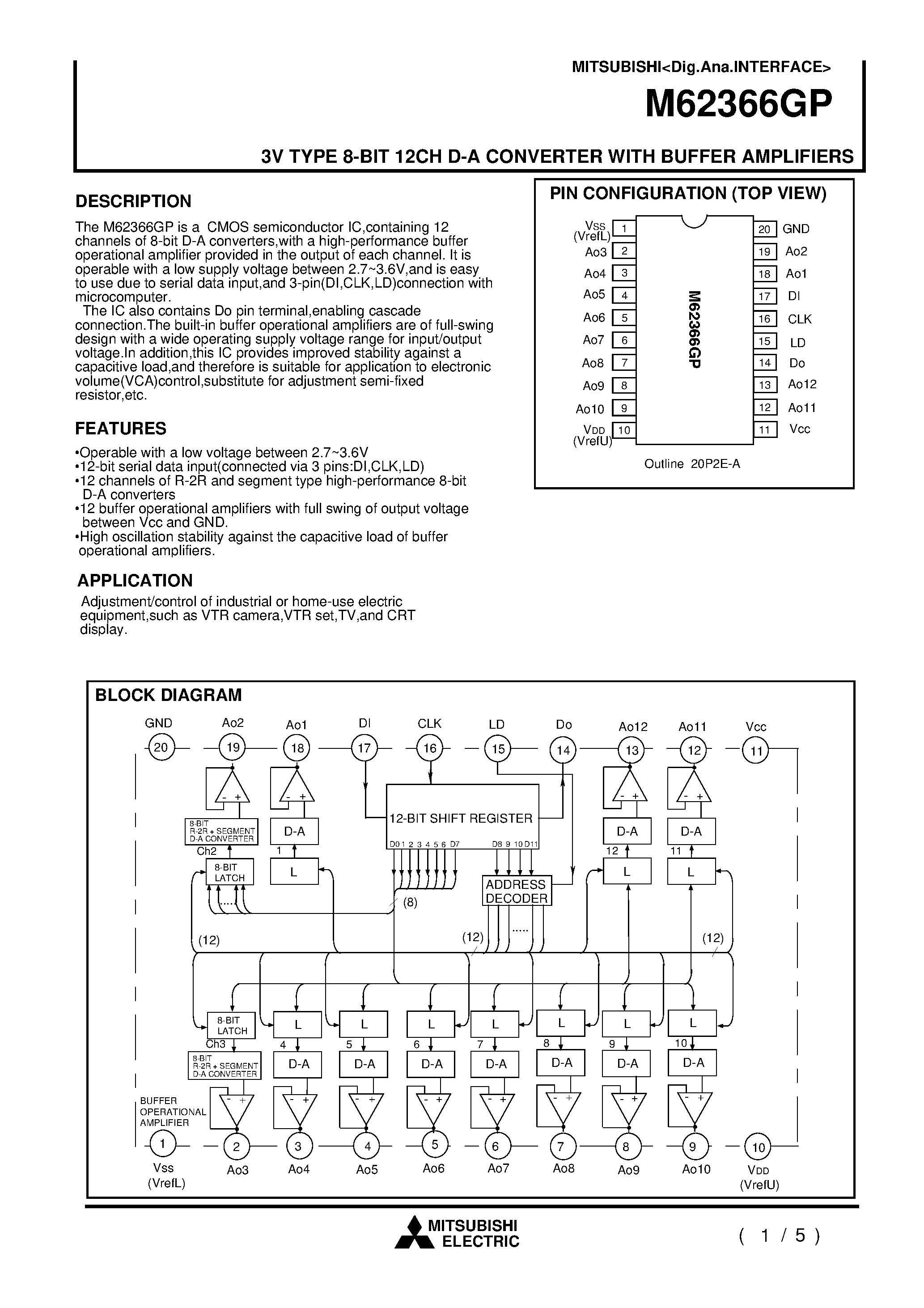 Даташит M62366GP - 3V TYPE 8-BIT 12CH D-A CONVERTER WITH BUFFER AMPLIFIERS страница 1
