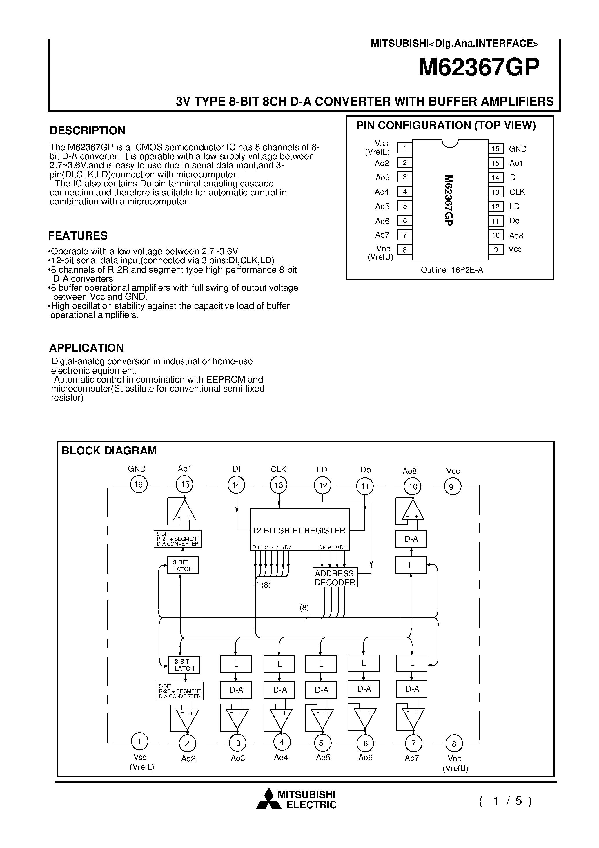 Даташит на микросхему M62367GP страница 1 Даташит M62367GP - 3V TYPE 8-BIT 8CH D-A CONVERTER WITH BUFFER AMPLIFIERS страница 1