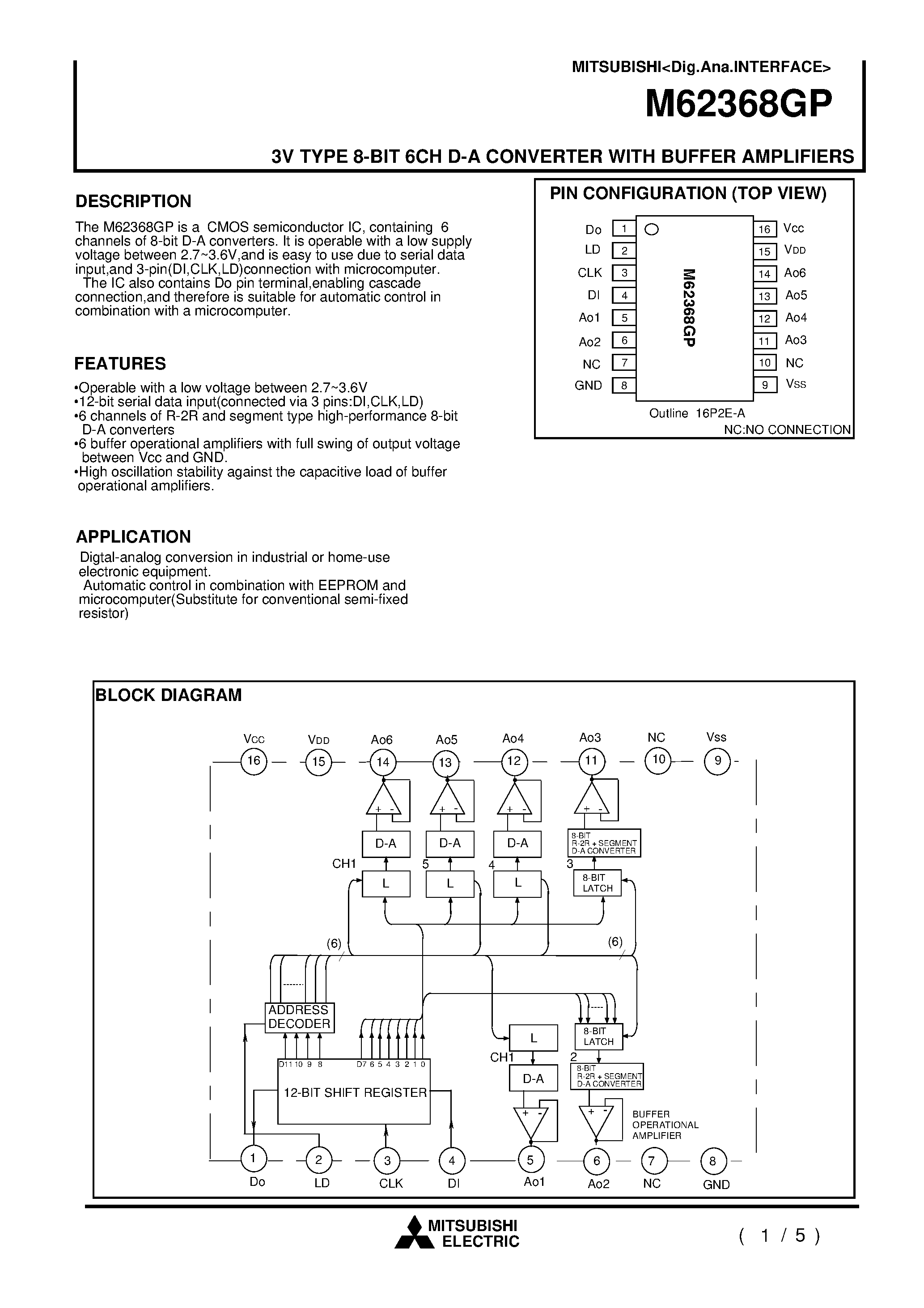 Даташит M62368 - 3V TYPE 8-BIT 6CH D-A CONVERTER WITH BUFFER AMPLIFIERS страница 1