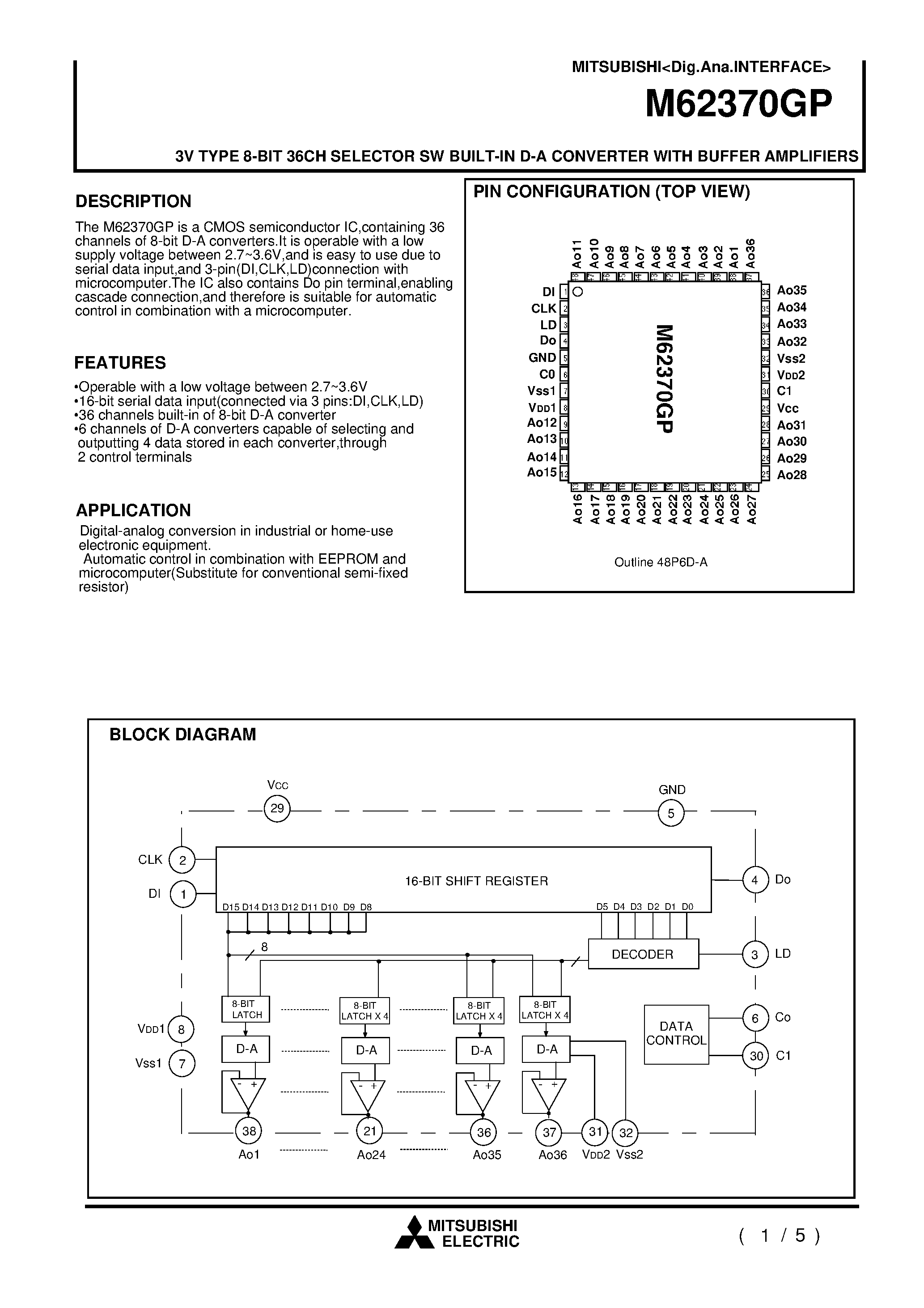 Даташит M62370GP - 3V TYPE 8-BIT 36CH SELECTOR SW BUILT-IN D-A CONVERTER WITH BUFFER AMPLIFIERS страница 1