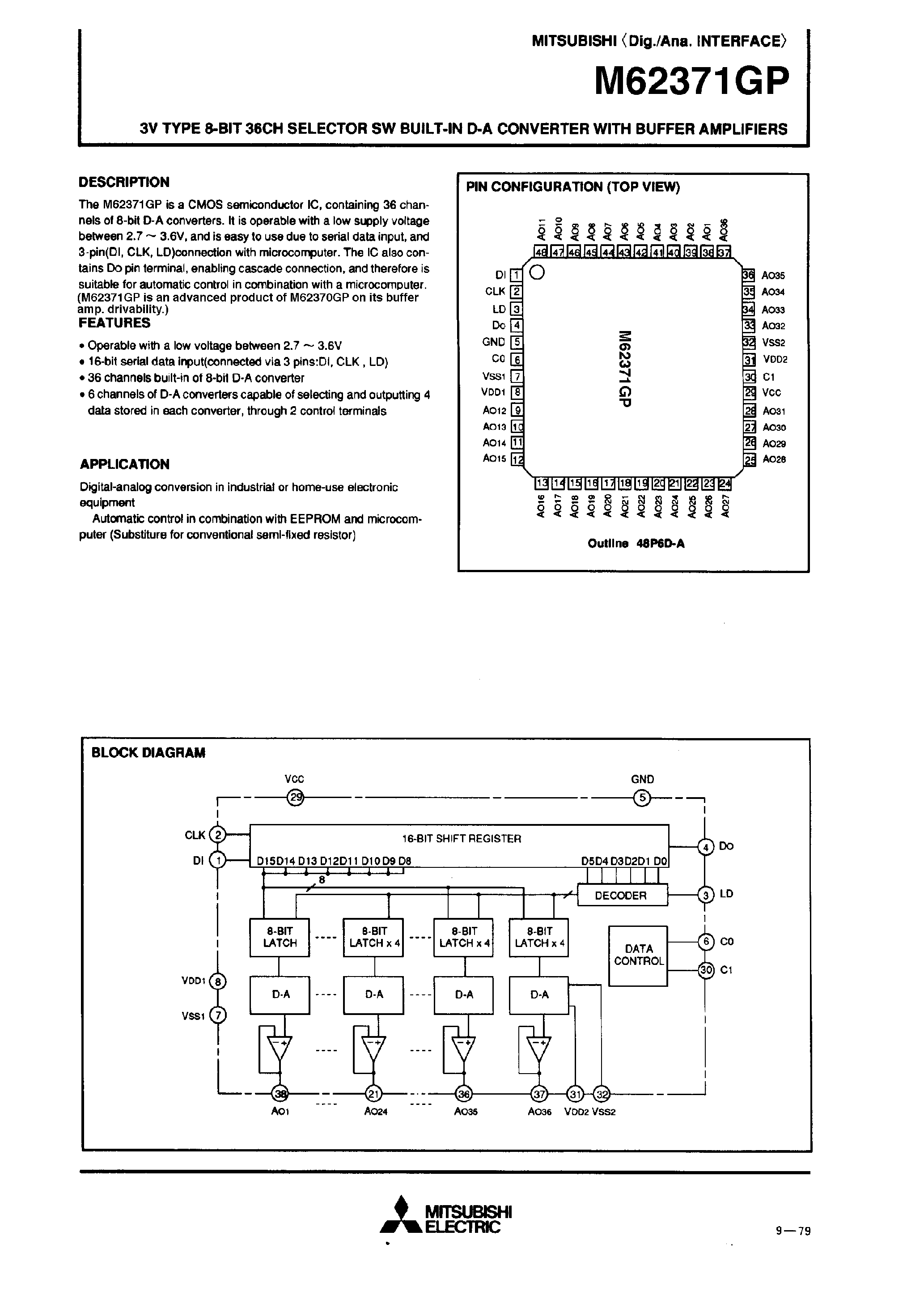 Даташит M62371GP - 3V TYPE 8-BIT 36CH SELECTOR SW BUILT-IN D-A CONVERTER WITH BUFFER AMPLIFIERS страница 1
