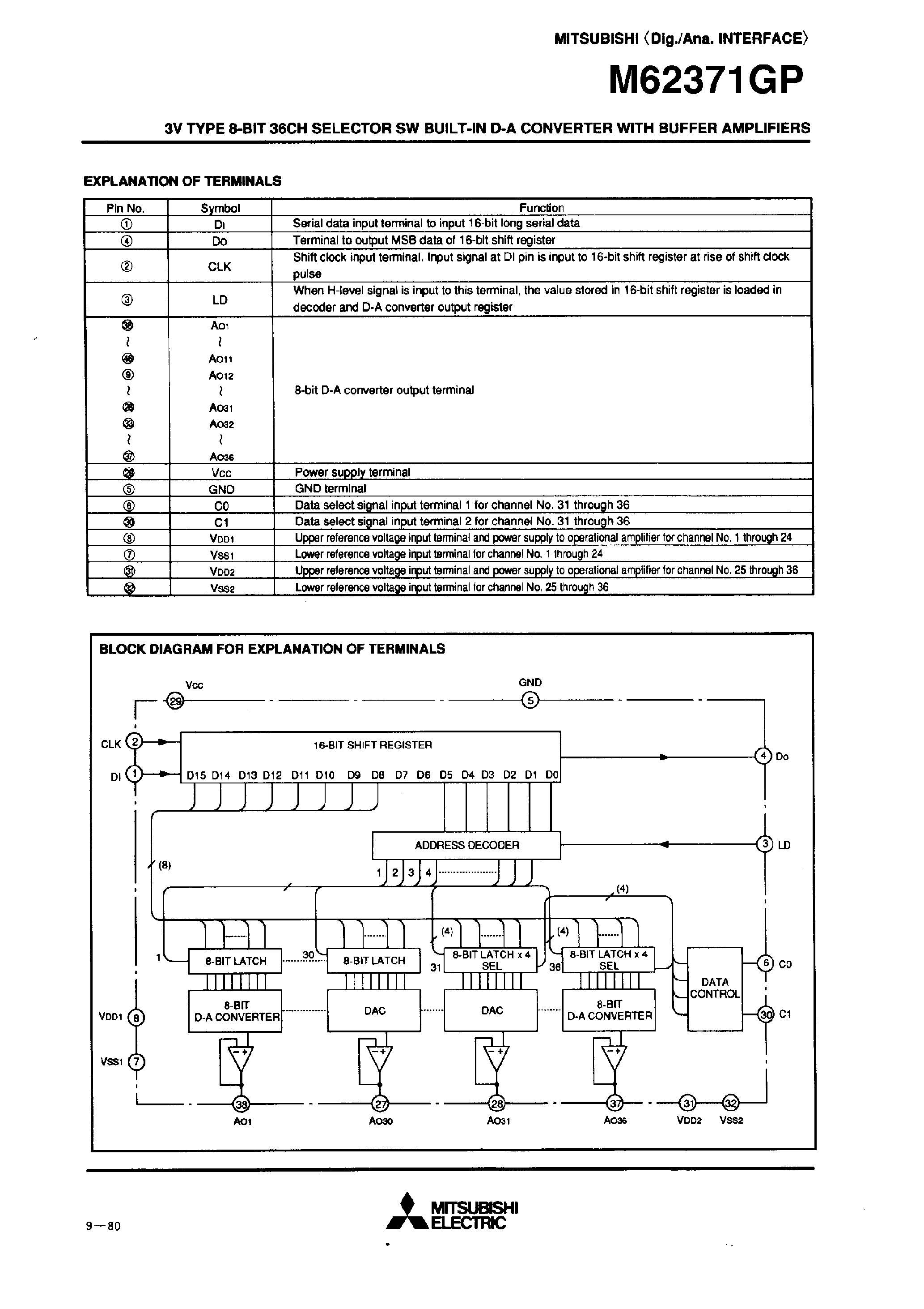 Даташит M62371GP - 3V TYPE 8-BIT 36CH SELECTOR SW BUILT-IN D-A CONVERTER WITH BUFFER AMPLIFIERS страница 2