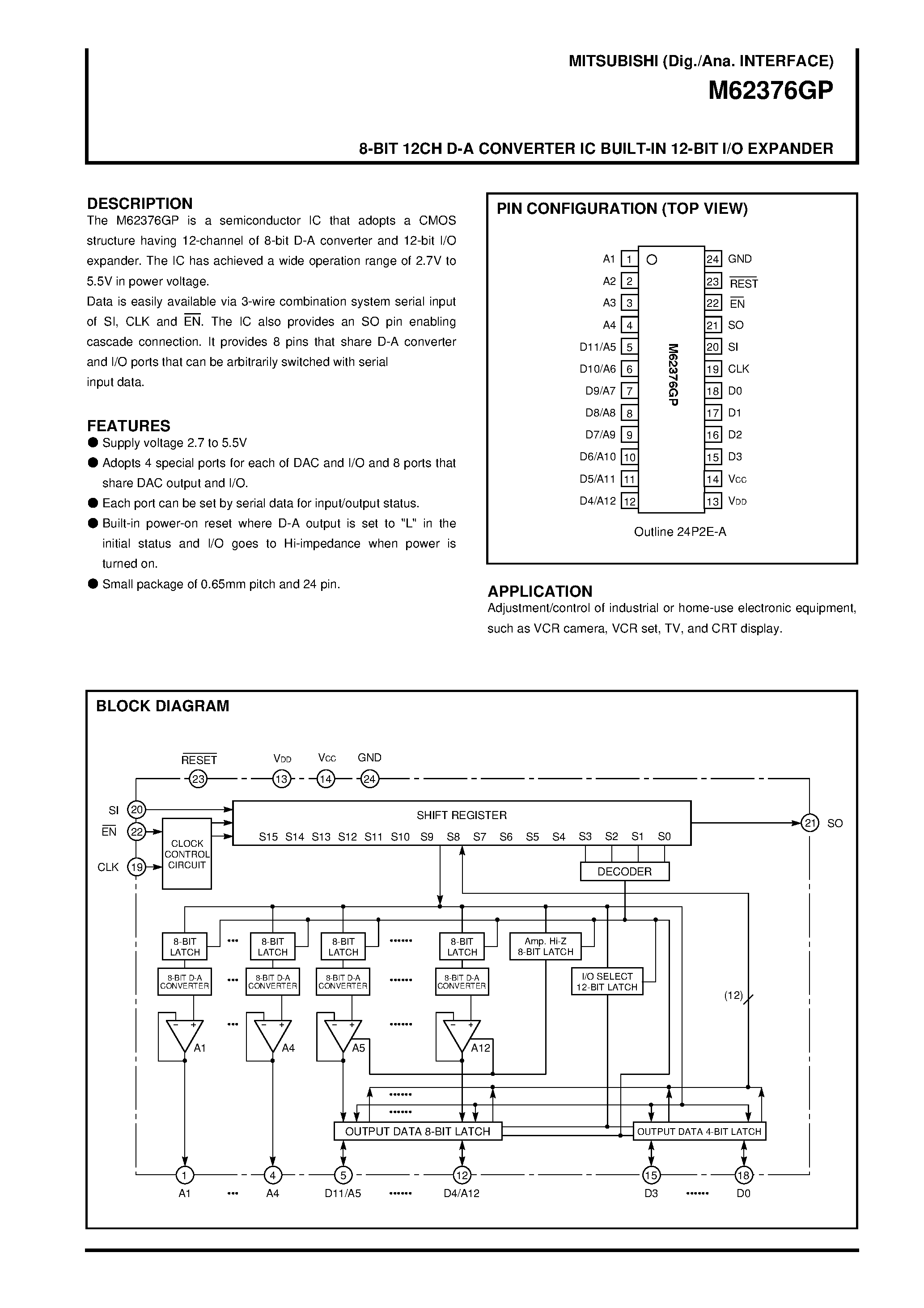 Datasheet M62376GP - 8-BIT 12CH D-A CONVERTER IC BUILT-IN 12-BIT I/O EXPANDER page 1