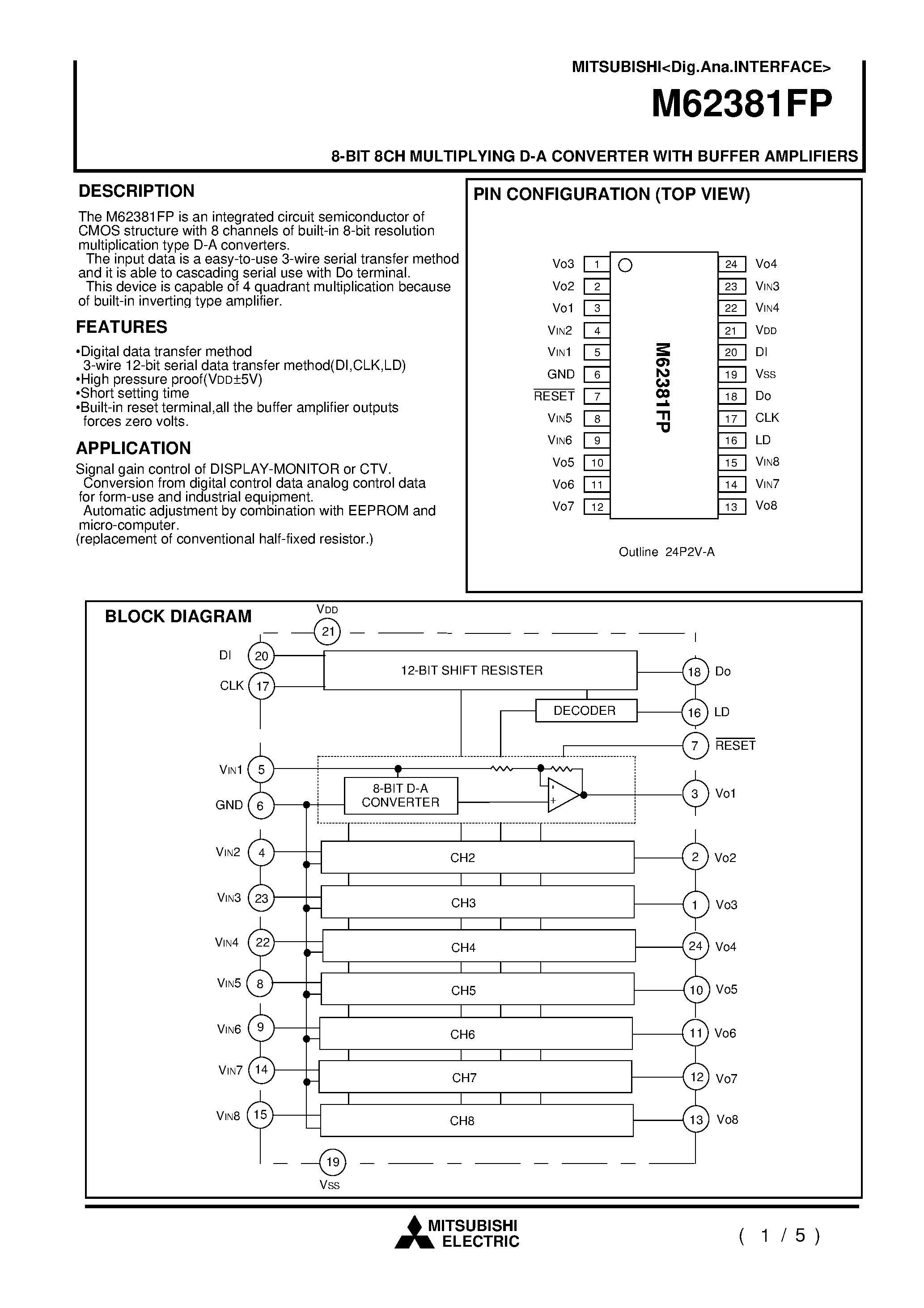 Даташит M62381FP - 8-BIT 8CH MULTIPLYING D-A CONVERTER WITH BUFFER AMPLIFIERS страница 1