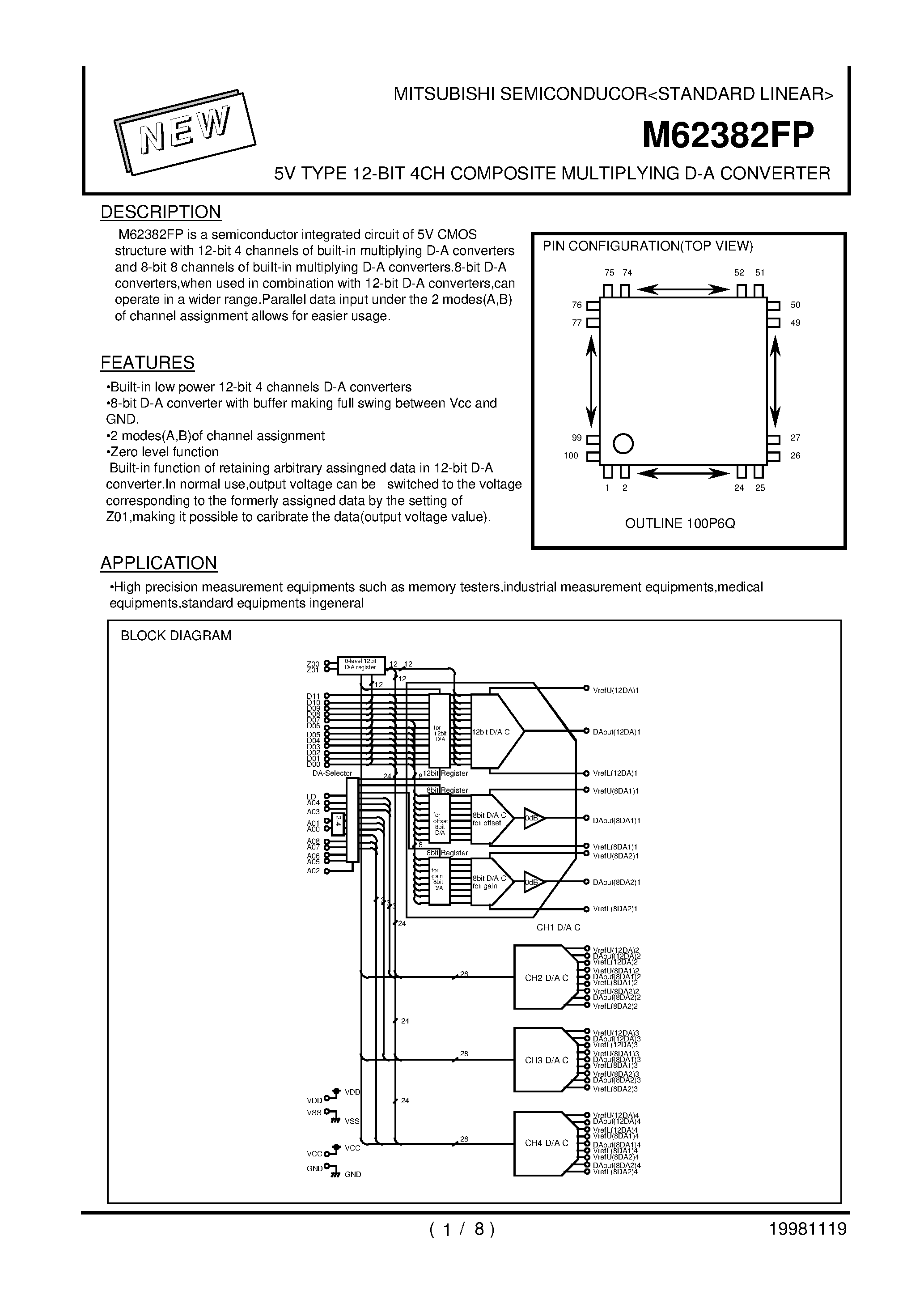 Даташит на микросхему M62382FP страница 1 Даташит M62382FP - 5V TYPE 12-BIT 4CH COMPOSITE MULTIPLYING D-A CONVERTER страница 1