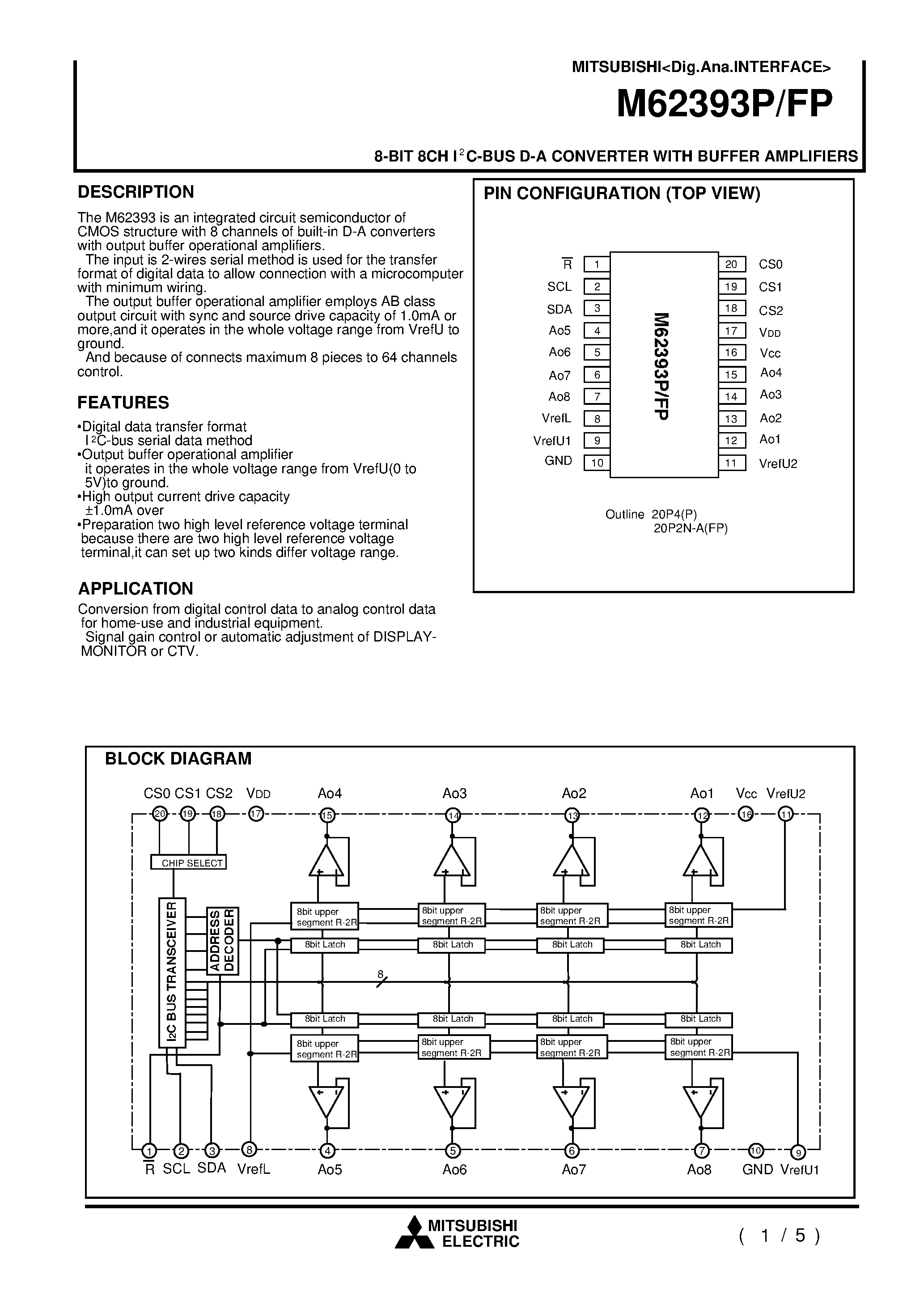 Даташит на микросхему M62393P страница 1 Даташит M62393P - 8-BIT 8CH I2C-BUS D-A CONVERTER WITH BUFFER AMPLIFIERS страница 1