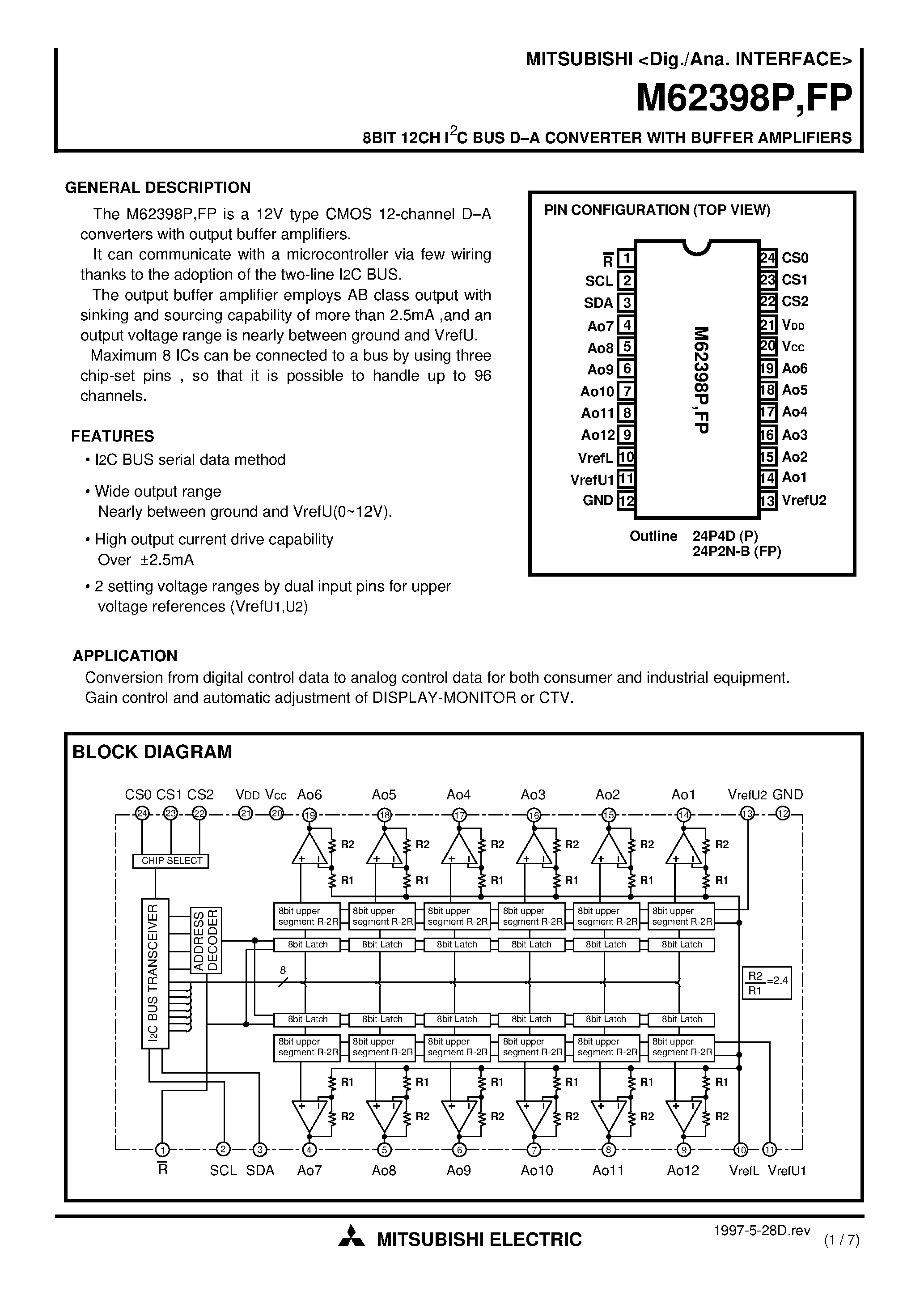 Даташит на микросхему M62398P страница 1 Даташит M62398P - 8BIT 12CH I2C BUS D.A CONVERTER WITH BUFFER AMPLIFIERS страница 1
