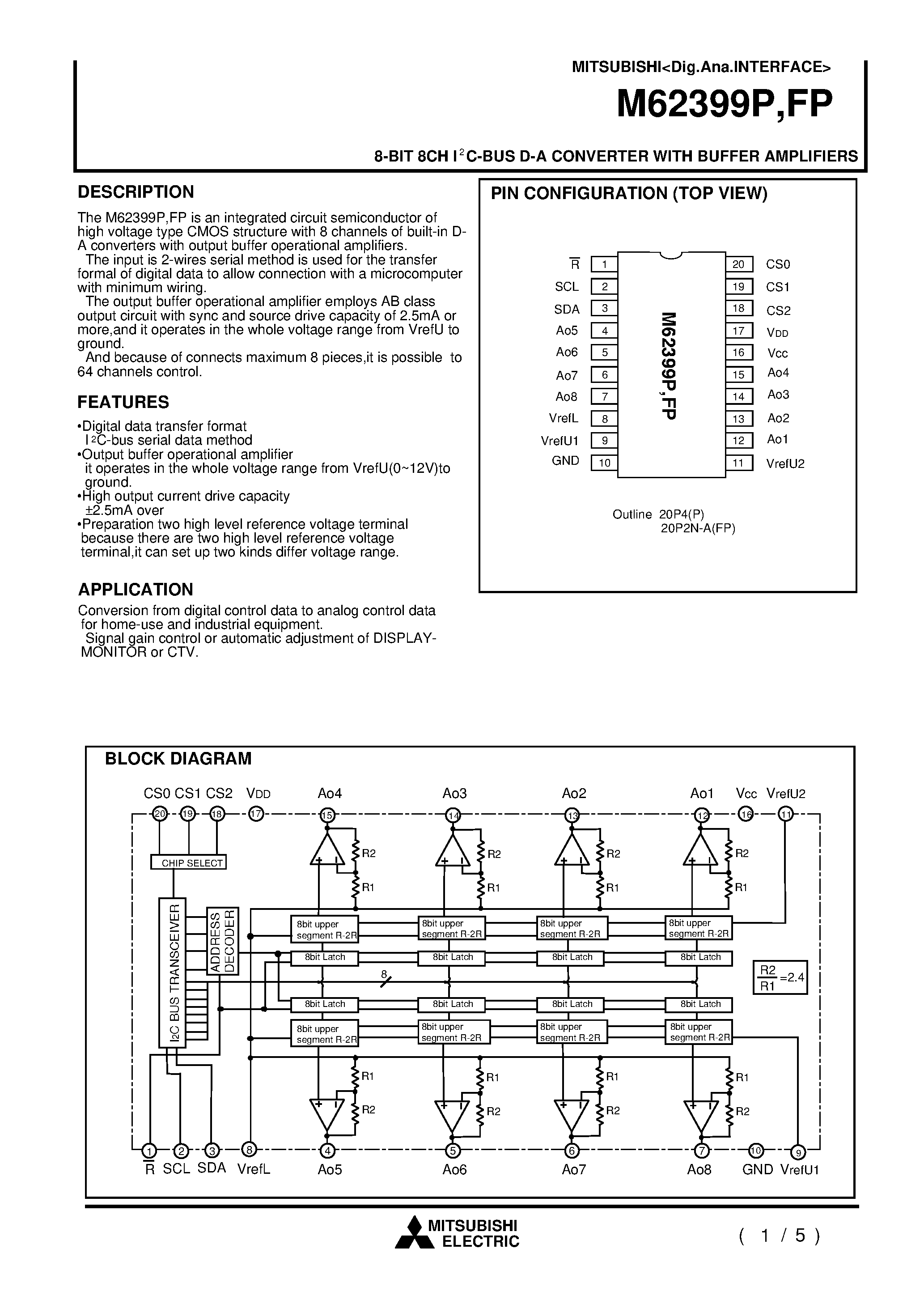 Даташит M62399FP - 8-BIT 8CH I2C-BUS D-A CONVERTER WITH BUFFER AMPLIFIERS страница 1