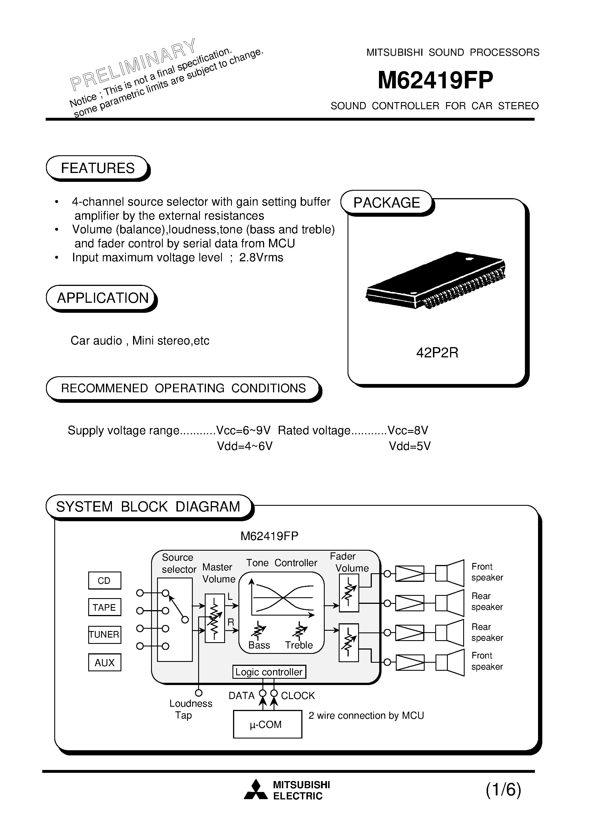 Даташит M62419FP - SOUND CONTROLLER FOR CAR STEREO страница 1