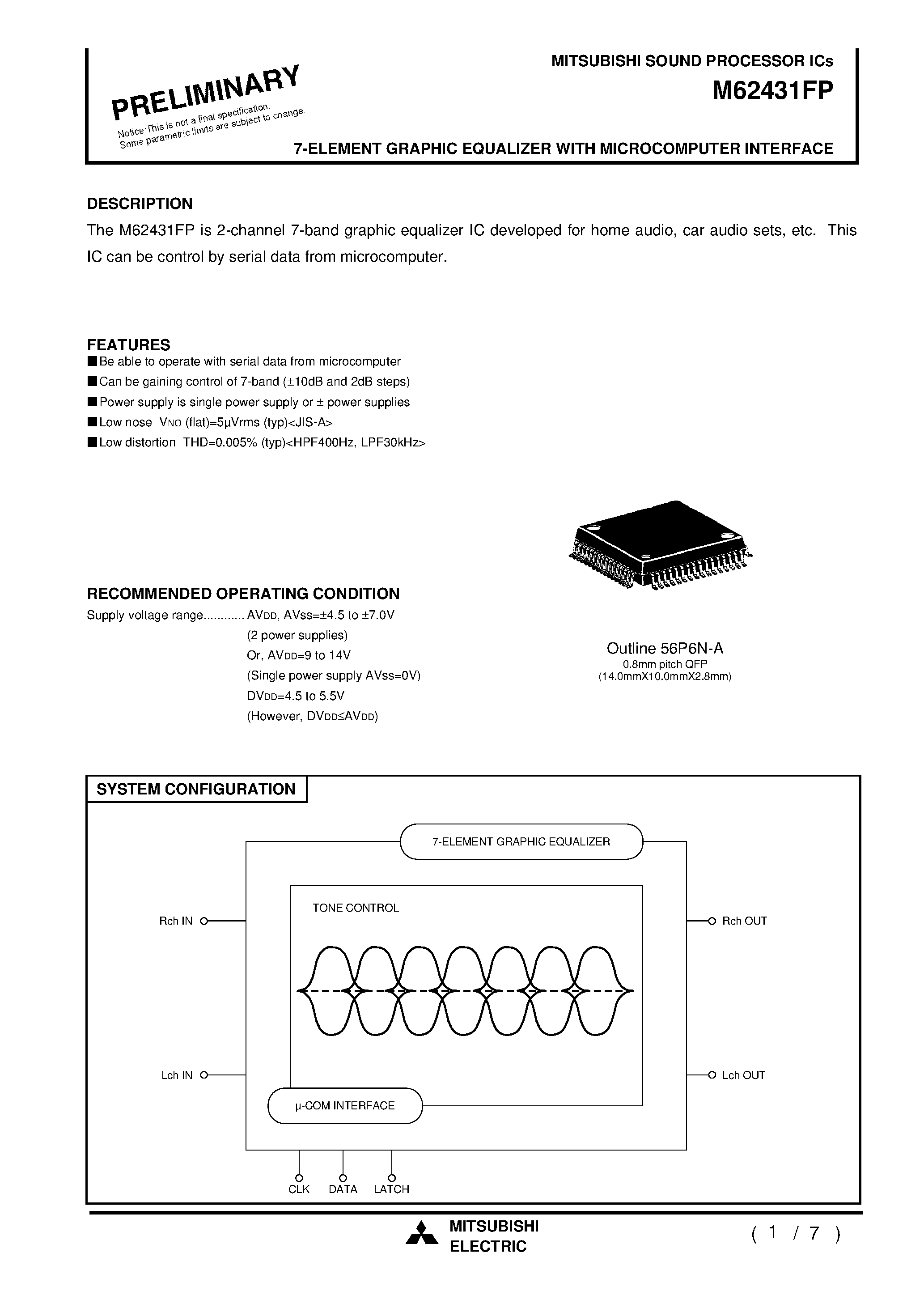Даташит на микросхему M62431 страница 1 Даташит M62431 - 7-ELEMENT GRAPHIC EQUALIZER WITH MICROCOMPUTER INTERFACE страница 1