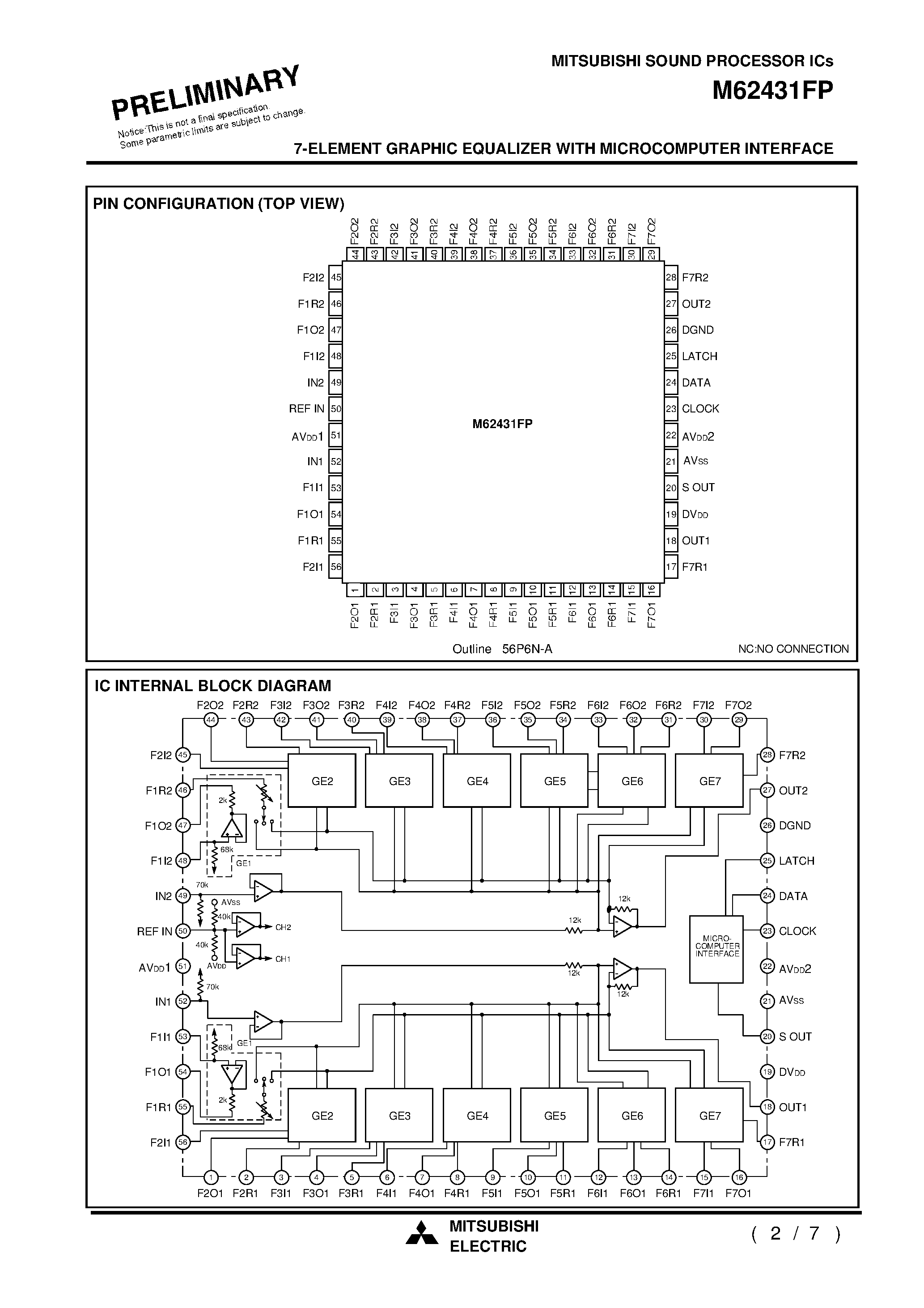 Даташит на микросхему M62431FP страница 2 Даташит M62431FP - 7-ELEMENT GRAPHIC EQUALIZER WITH MICROCOMPUTER INTERFACE страница 2