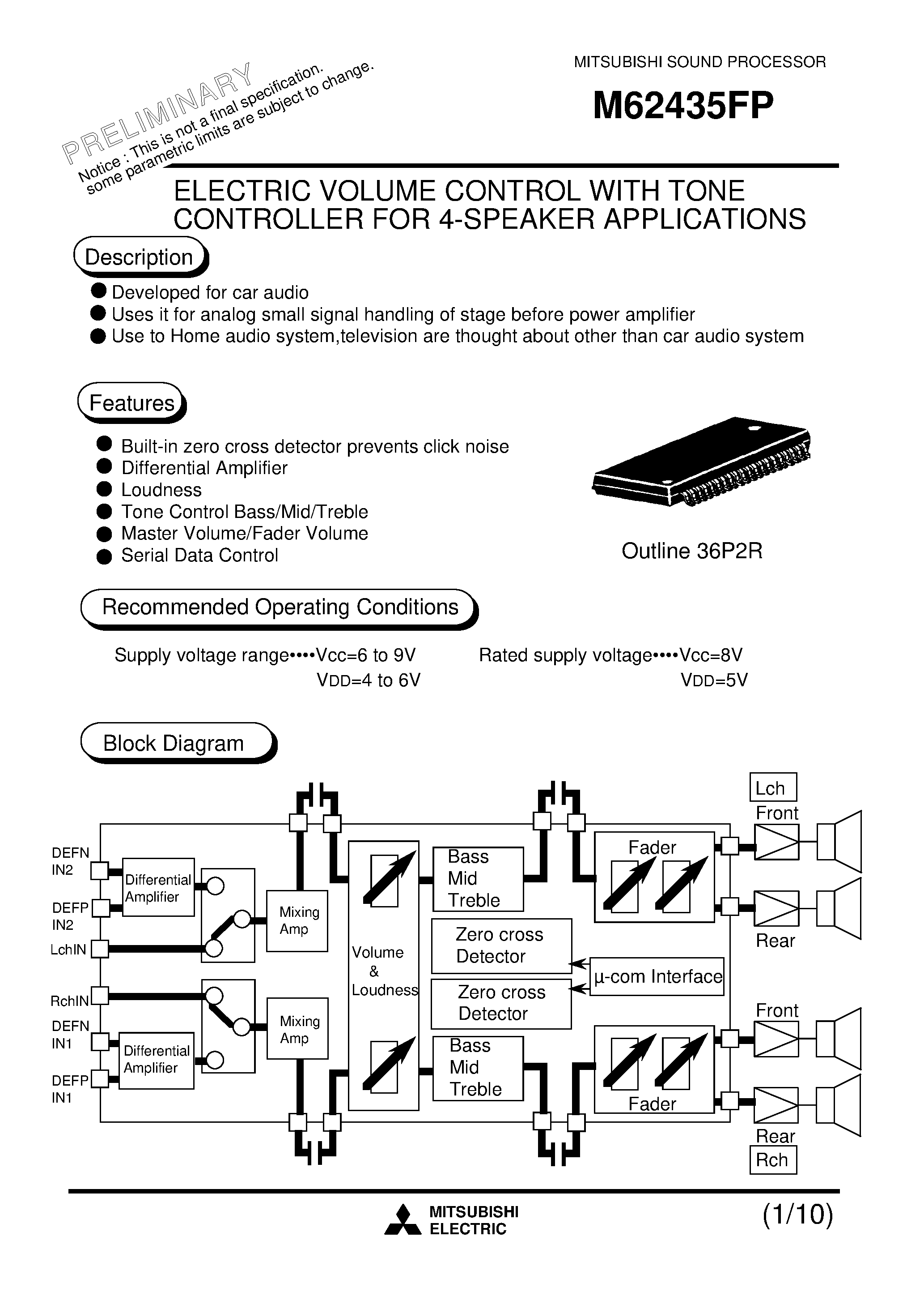 Datasheet M62435 - ELECTRIC VOLUME CONTROL WITH TONE CONTROLLER FOR 4-SPEAKER APPLICATIONS page 1
