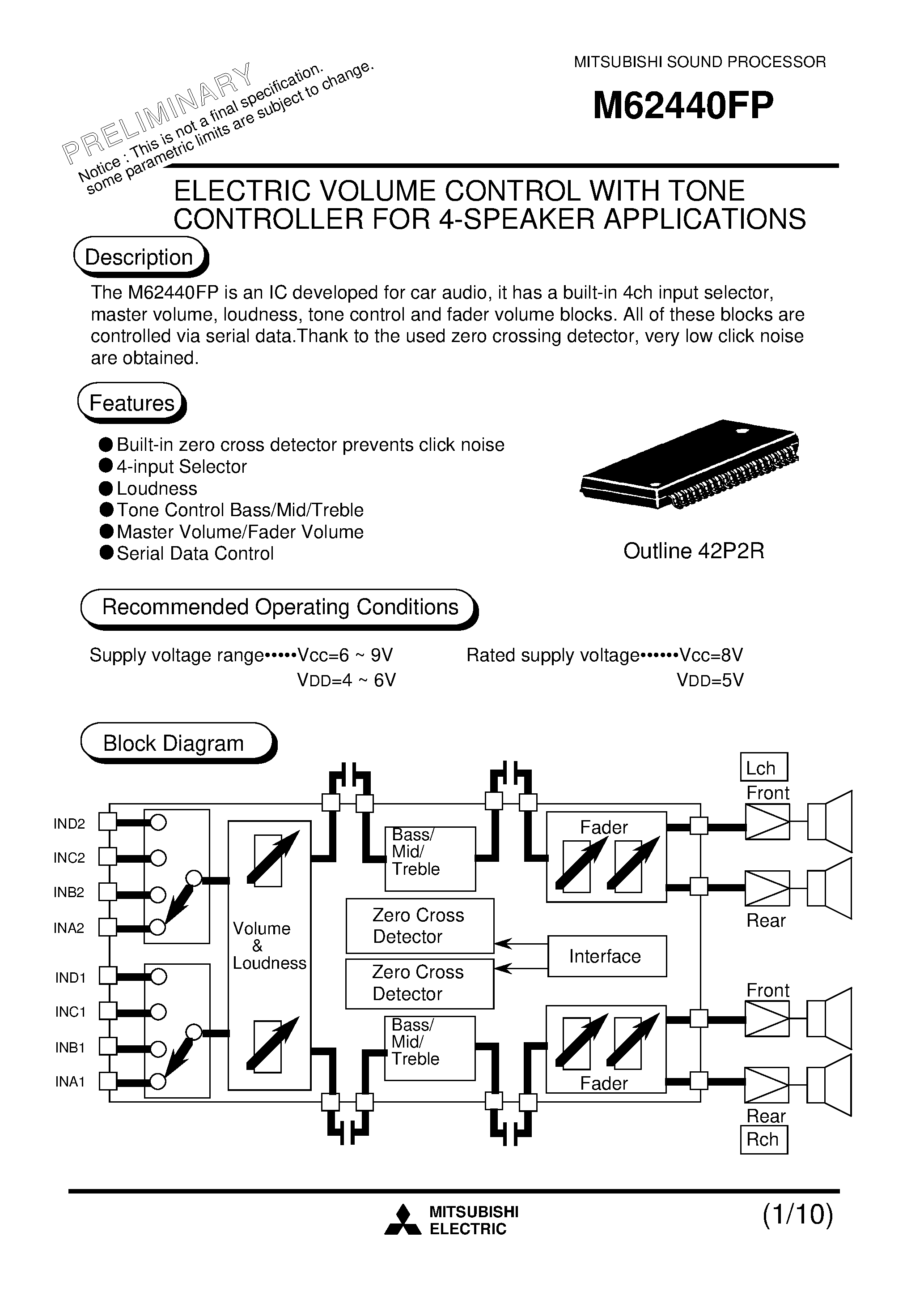 Datasheet M62440FP - ELECTRIC VOLUME CONTROL WITH TONE CONTROLLER FOR 4-SPEAKER APPLICATIONS page 1