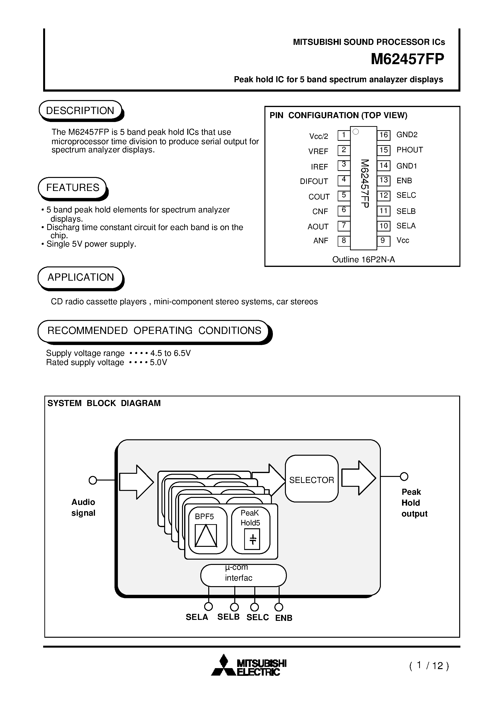 Datasheet M62457 - Peak hold IC for 5 band spectrum analayzer displays page 1