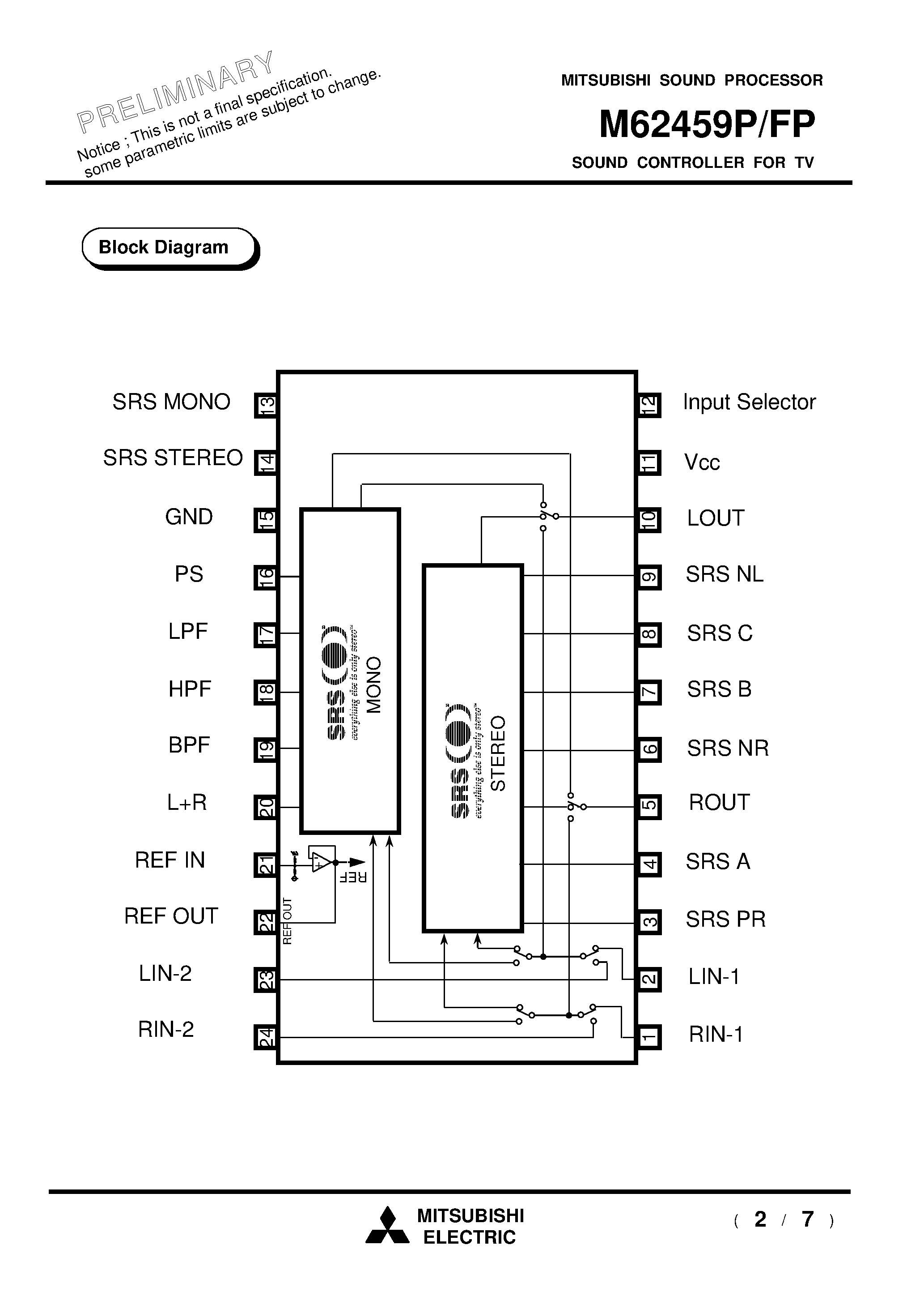Даташит M62459 - SRS 3D Stereo + SRS 3D Mono 1Chip страница 2