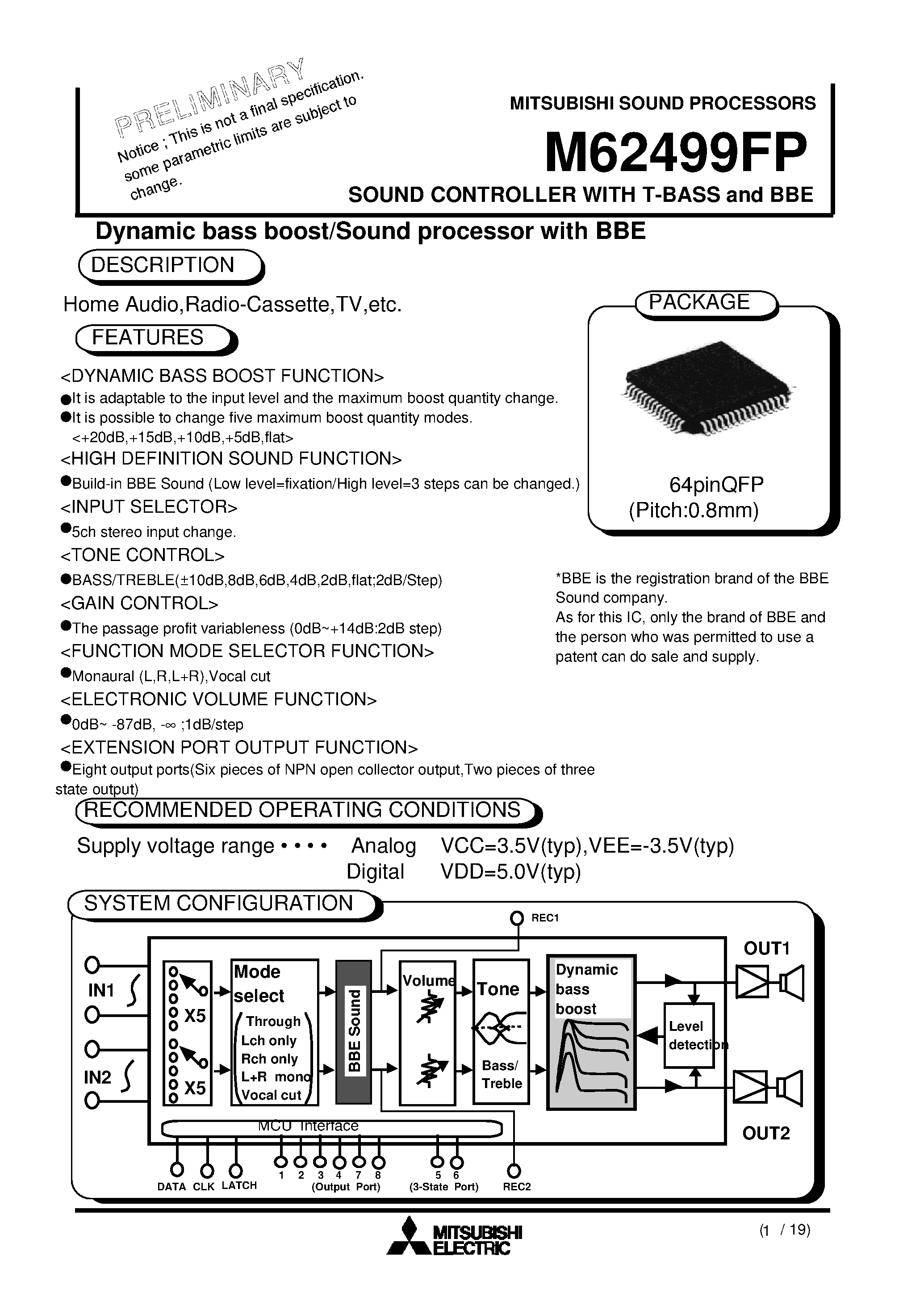 Даташит M62499 - SOUND CONTROLLER WITH T-BASS and BBE страница 1