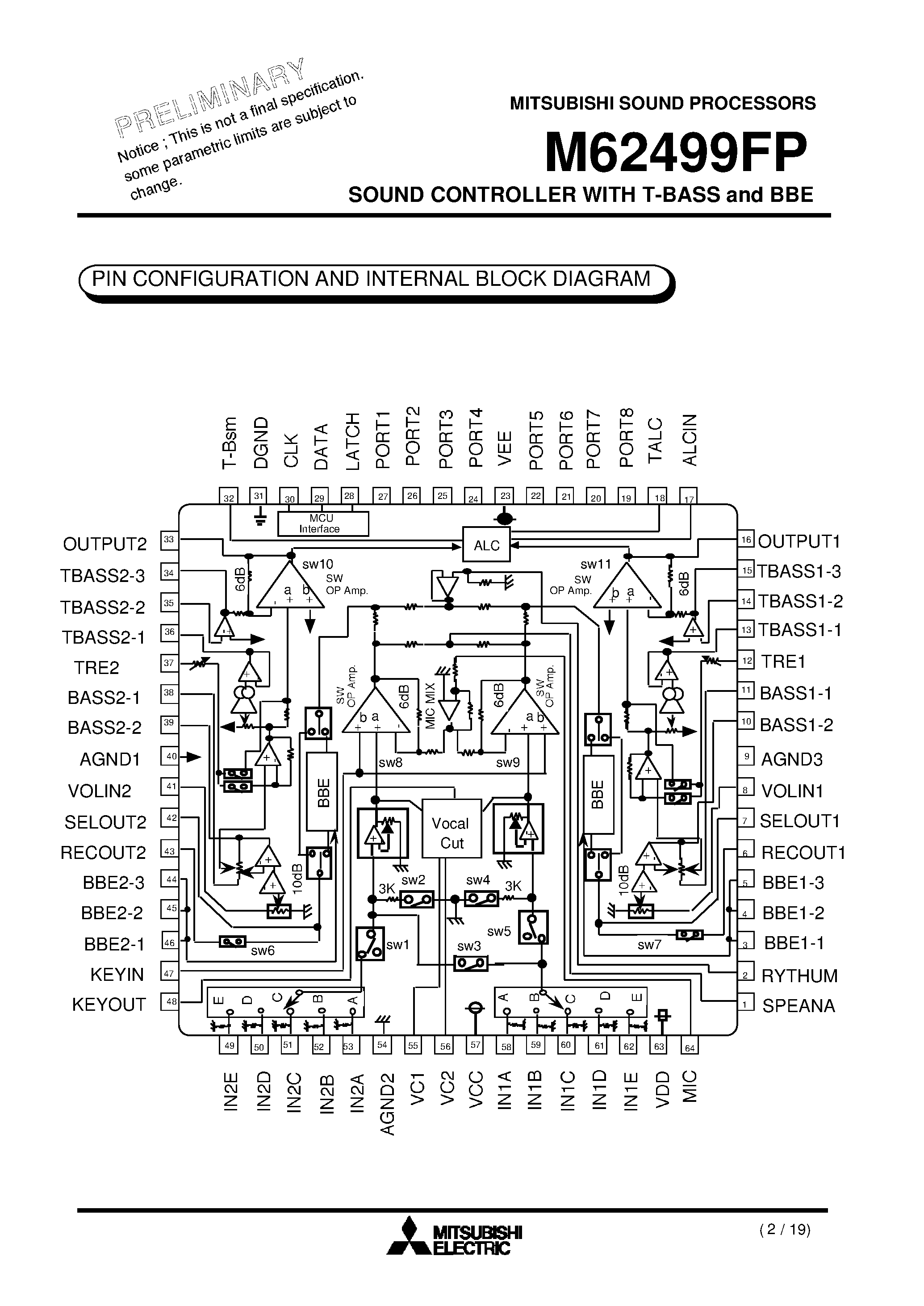 Даташит M62499 - SOUND CONTROLLER WITH T-BASS and BBE страница 2