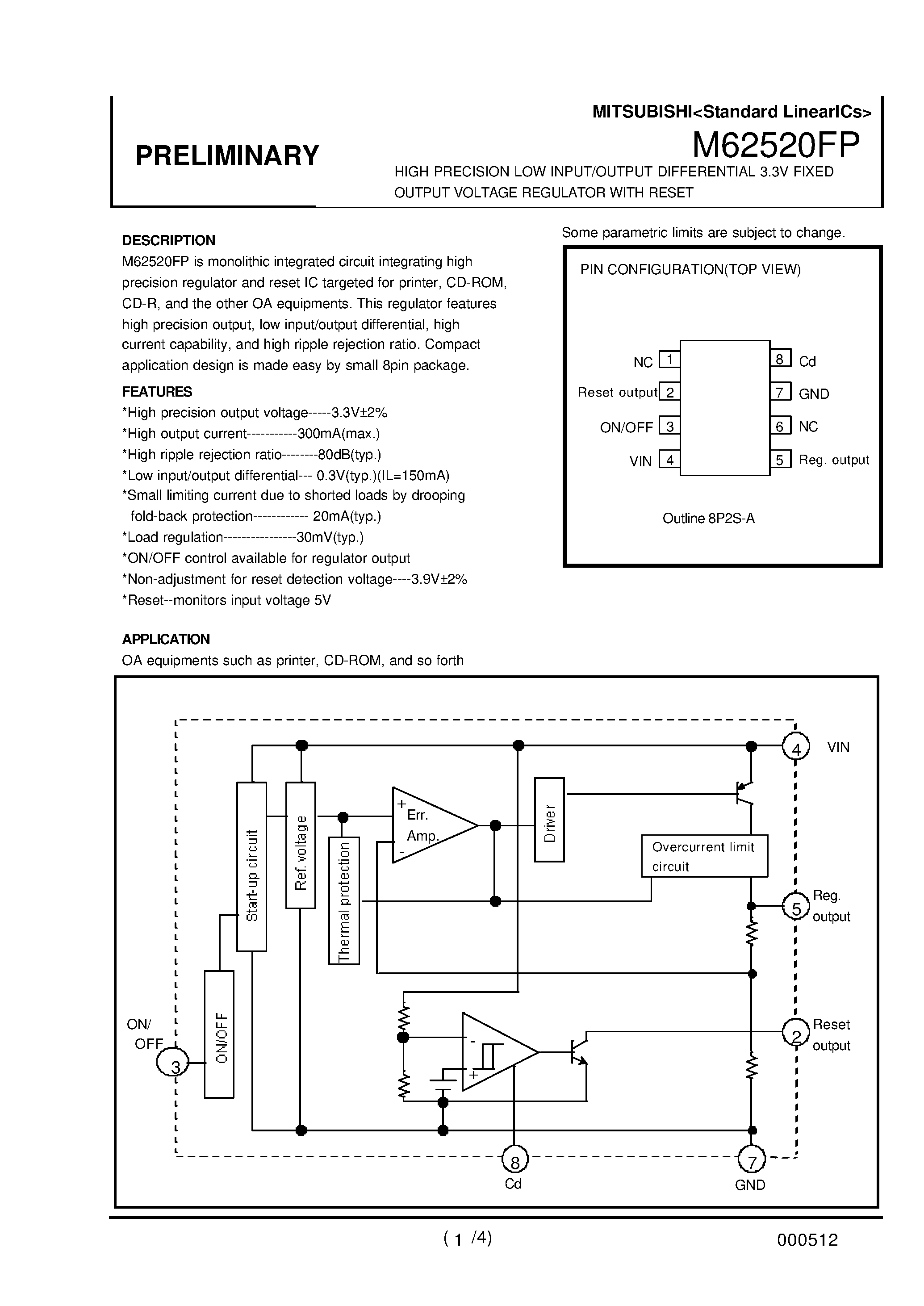Datasheet M62520FP - HIGH PRECISION LOW INPUT/OUTPUT DIFFERENTIAL 3.3V FIXED OUTPUT VOLTAGE REGULATOR WITH RESET page 1