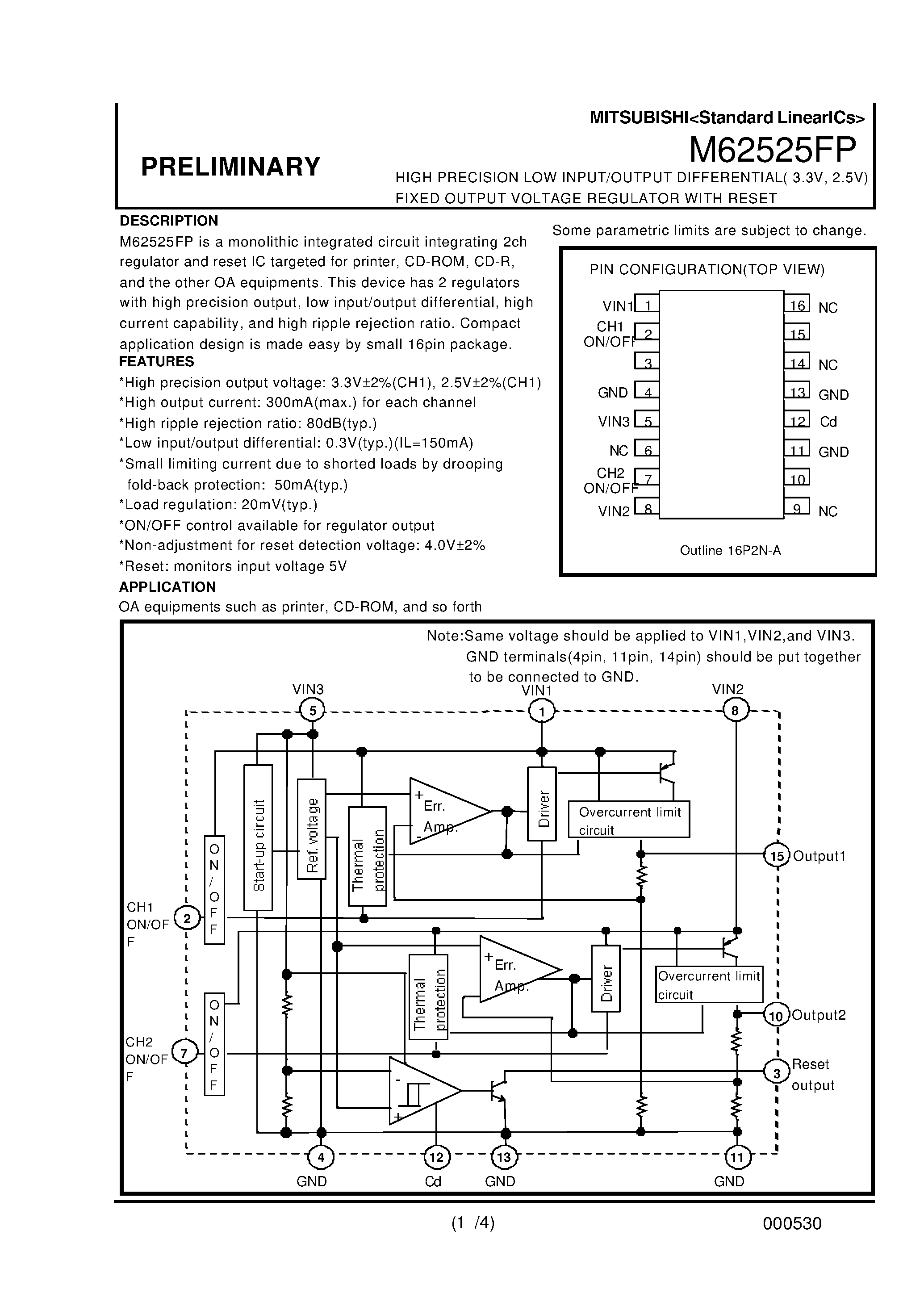 Datasheet M62525FP - HIGH PRECISION LOW INPUT/OUTPUT DIFFERENTIAL 3.3V / 2.5V FIXED OUTPUT VOLTAGE REGULATOR WITH RESET page 1