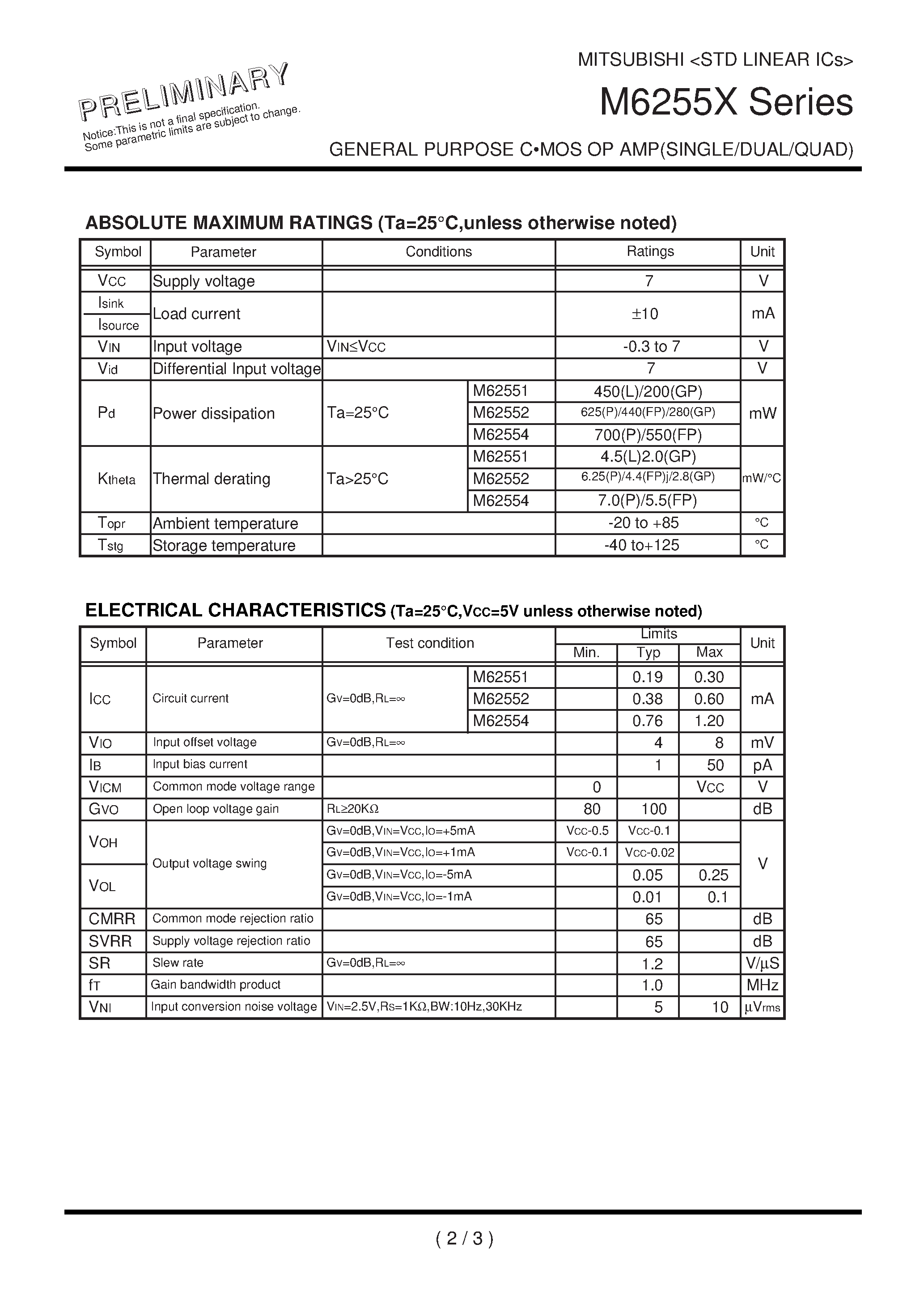 Datasheet M62551 page 2 Datasheet M62551 - GENERAL PURPOSE C-MOS OP AMP(SINGLE/DUAL/QUAD) page 2