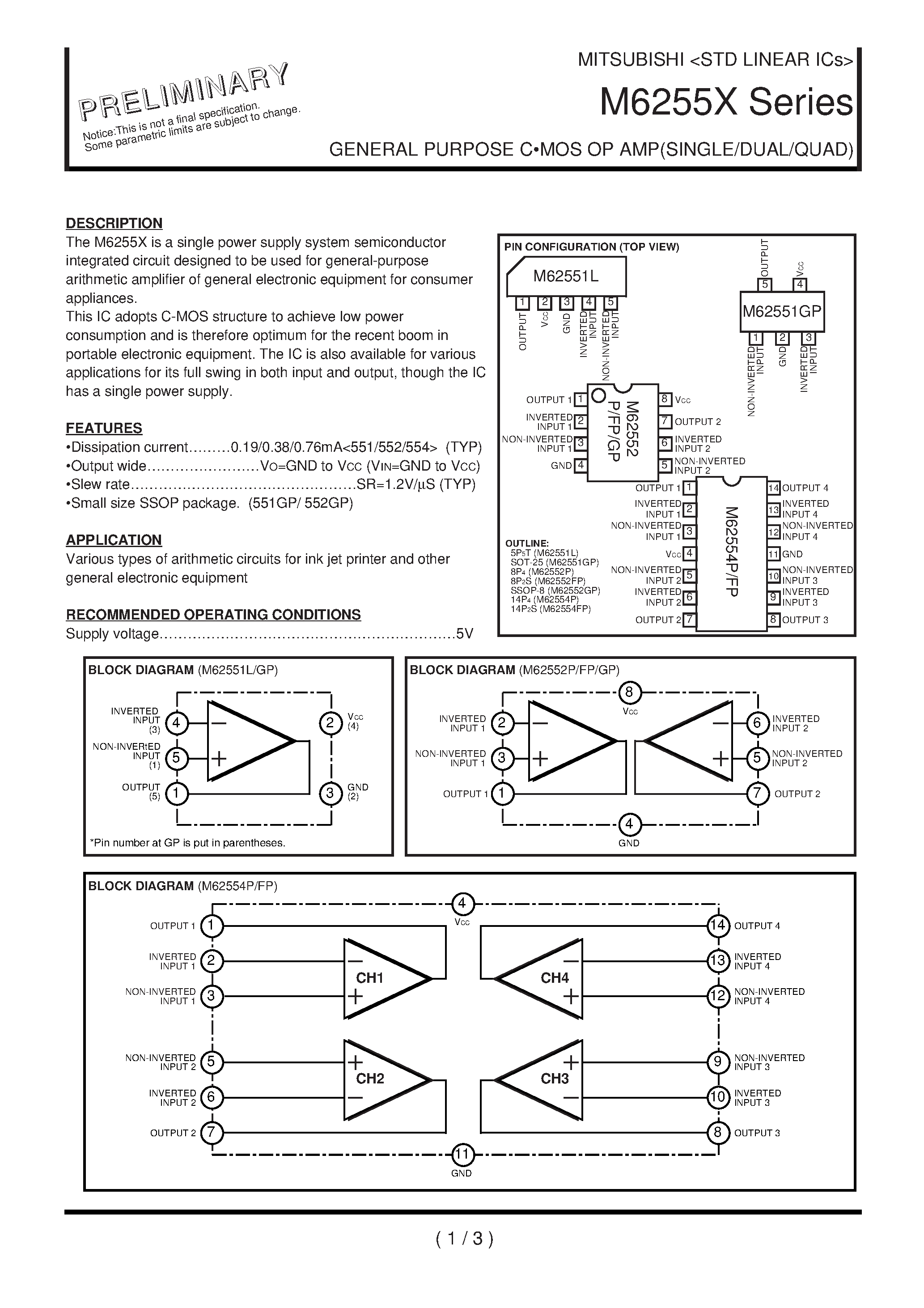 Datasheet M6255X page 1 Datasheet M6255X - GENERAL PURPOSE C-MOS OP AMP(SINGLE/DUAL/QUAD) page 1