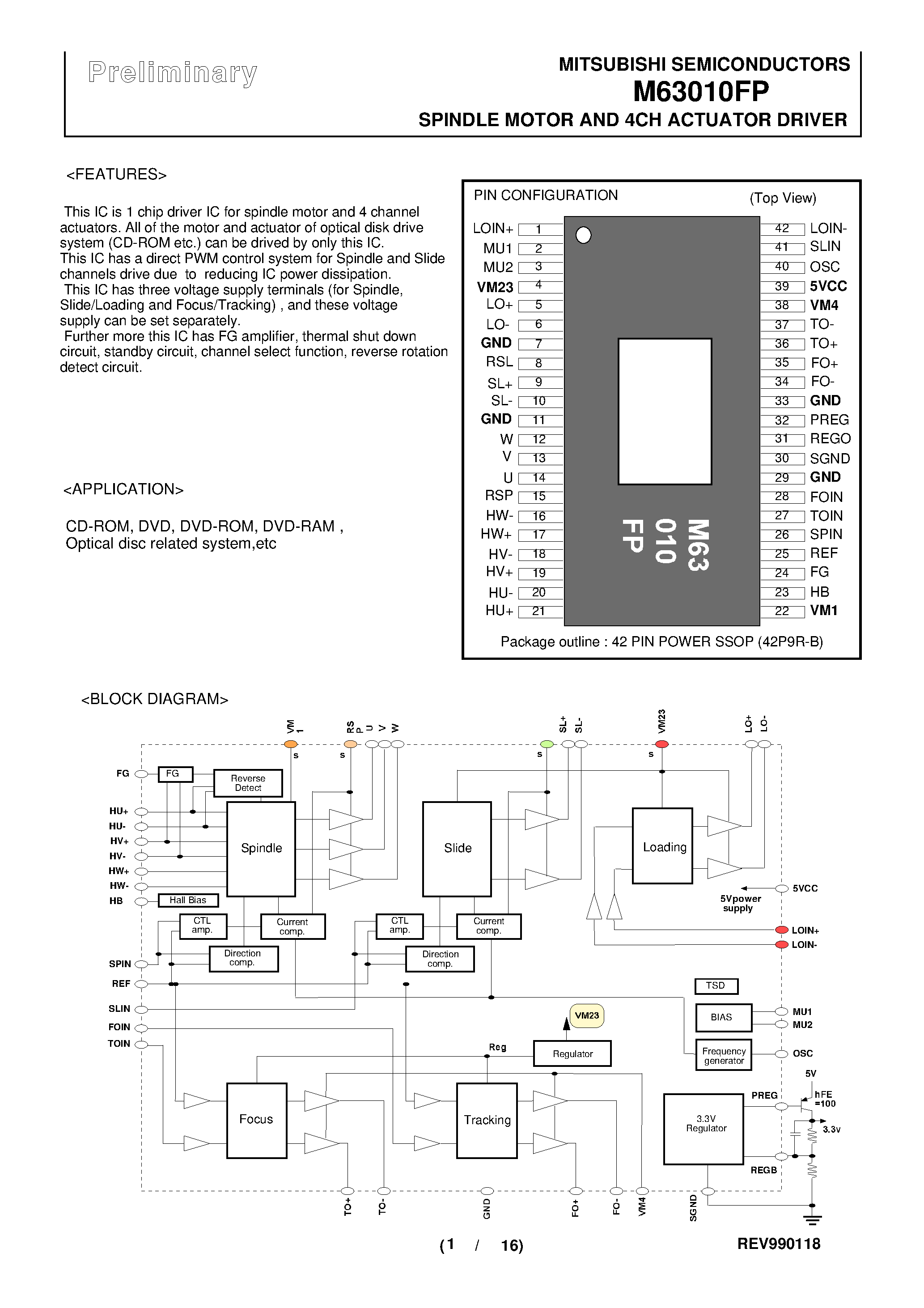 Даташит на микросхему M63010 страница 1 Даташит M63010 - SPINDLE MOTOR AND 4CH ACTUATOR DRIVER страница 1
