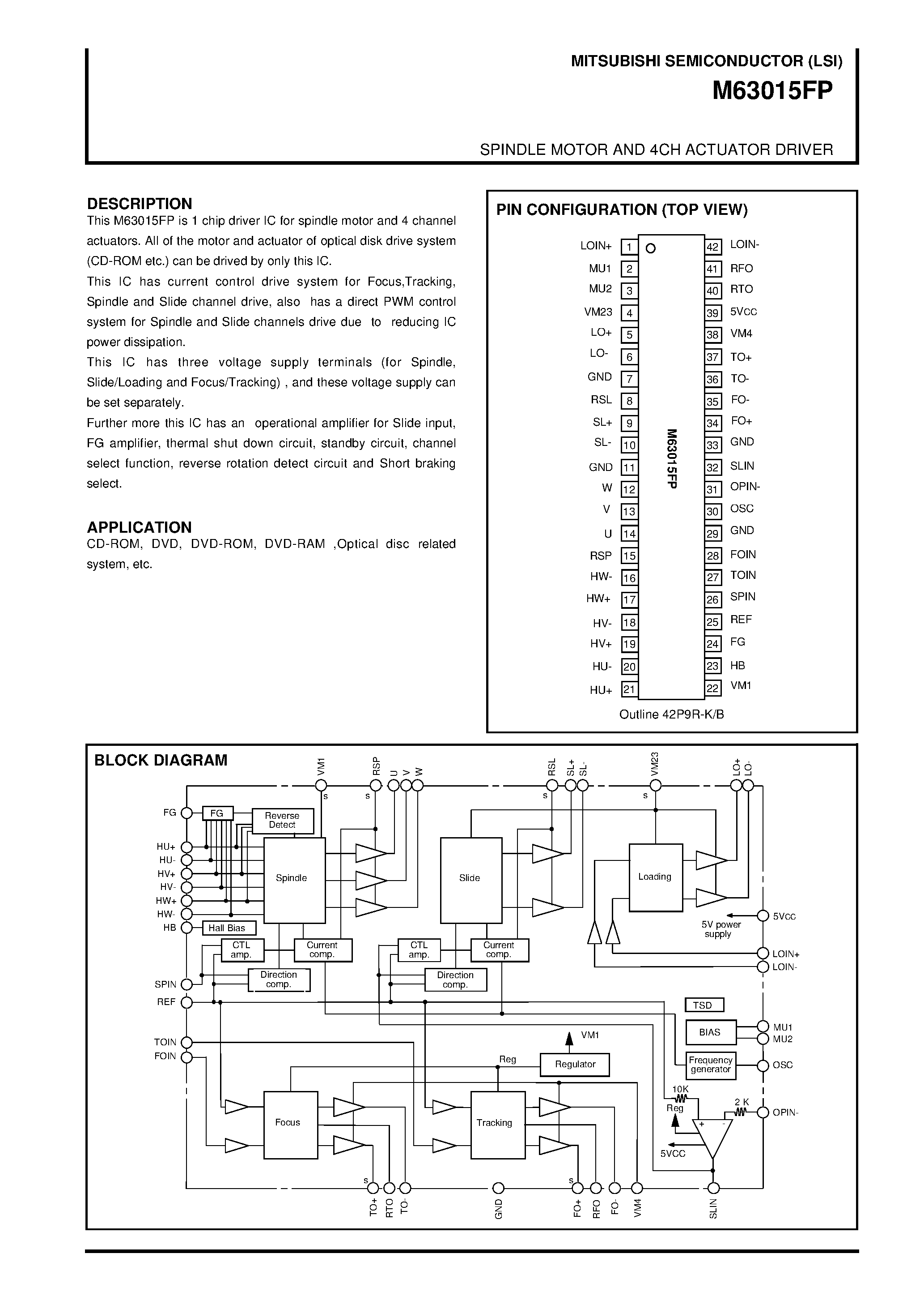 Даташит на микросхему M63015FP страница 1 Даташит M63015FP - SPINDLE MOTOR AND 4CH ACTUATOR DRIVER страница 1