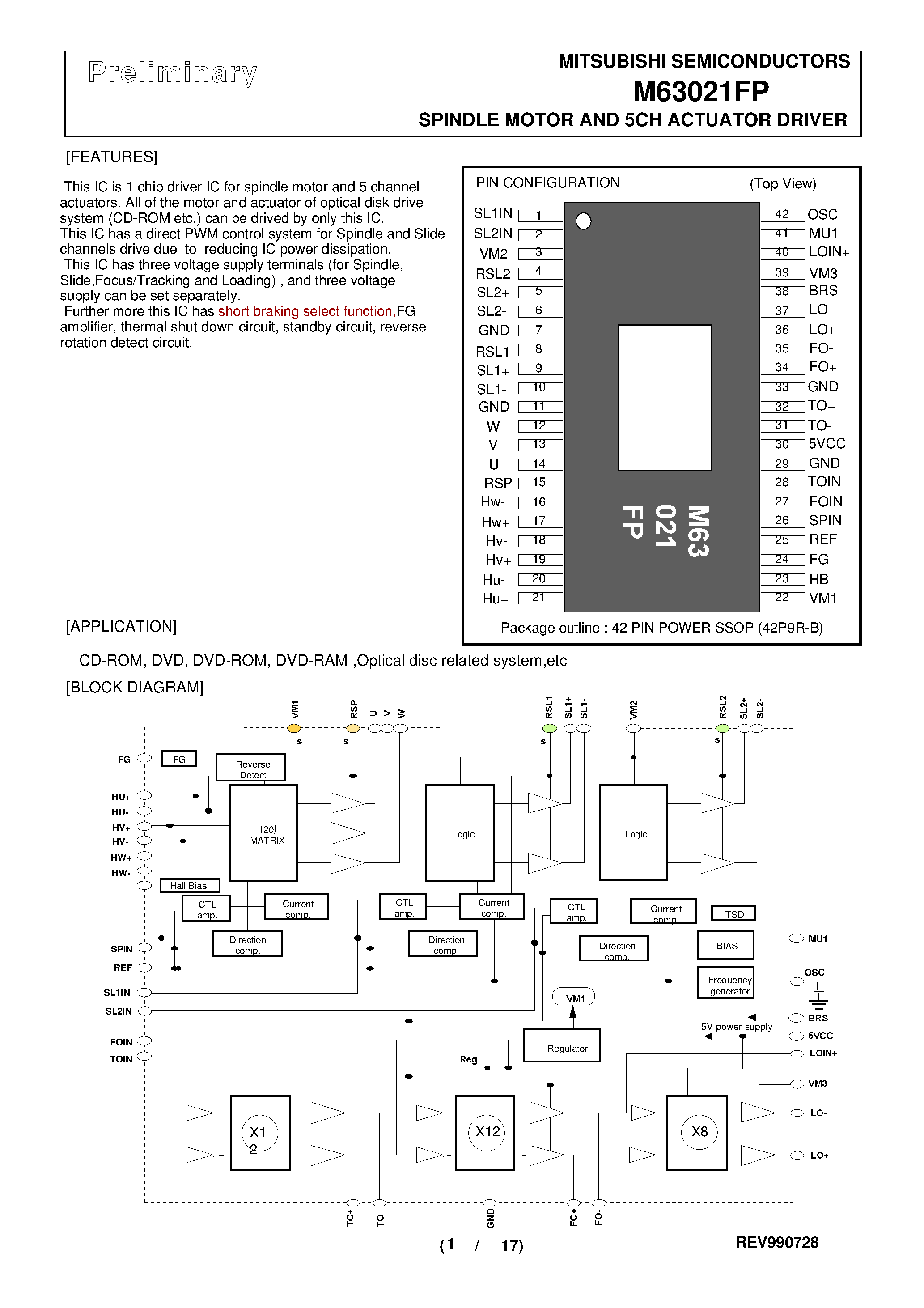 Datasheet M63021FP page 1 Datasheet M63021FP - SPINDLE MOTOR AND 5CH ACTUATOR DRIVER page 1