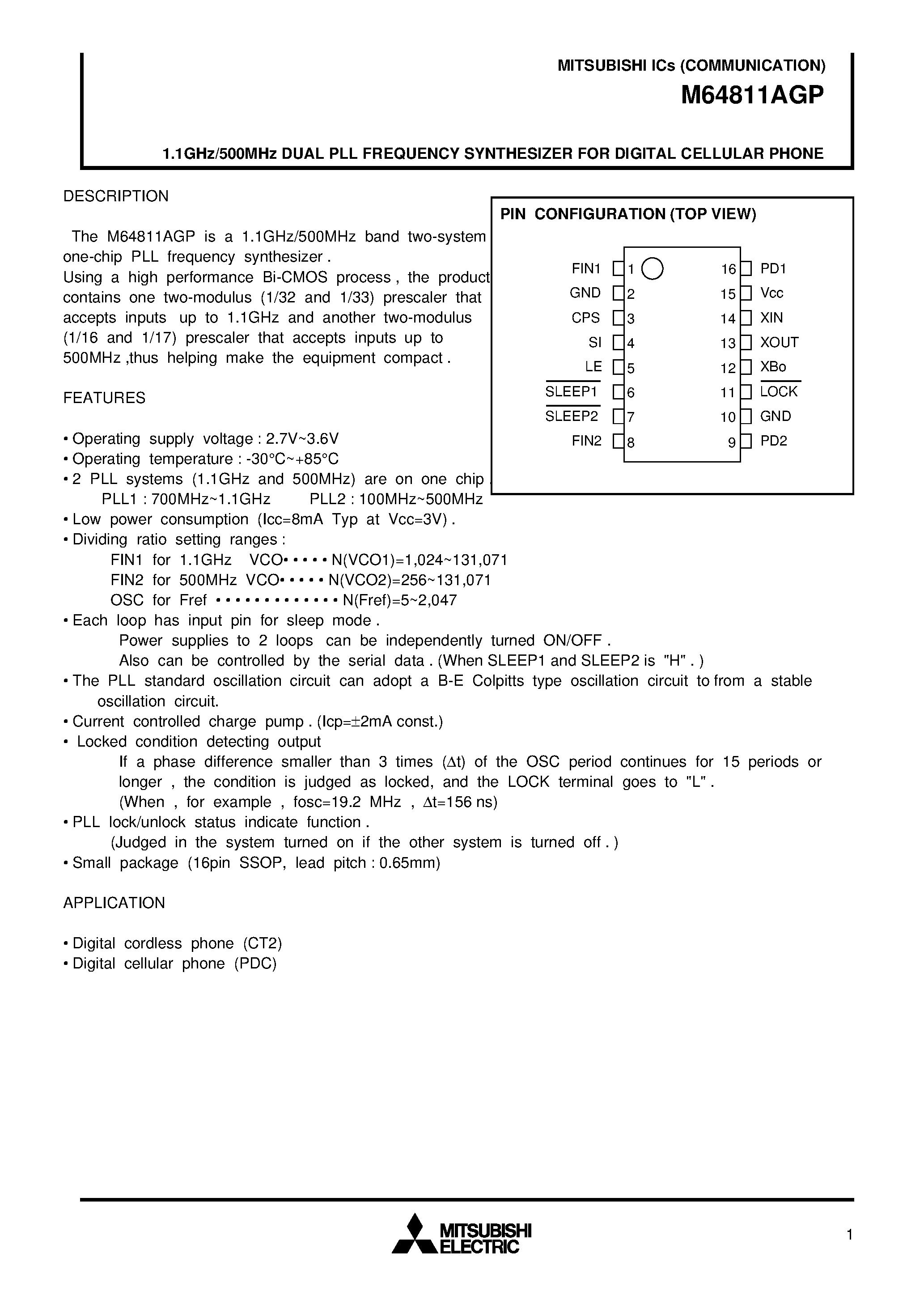 Datasheet M64811AGP - 1.1GHz/500MHz DUAL PLL FREQUENCY SYNTHESIZER FOR DIGITAL CELLULAR PHONE page 1