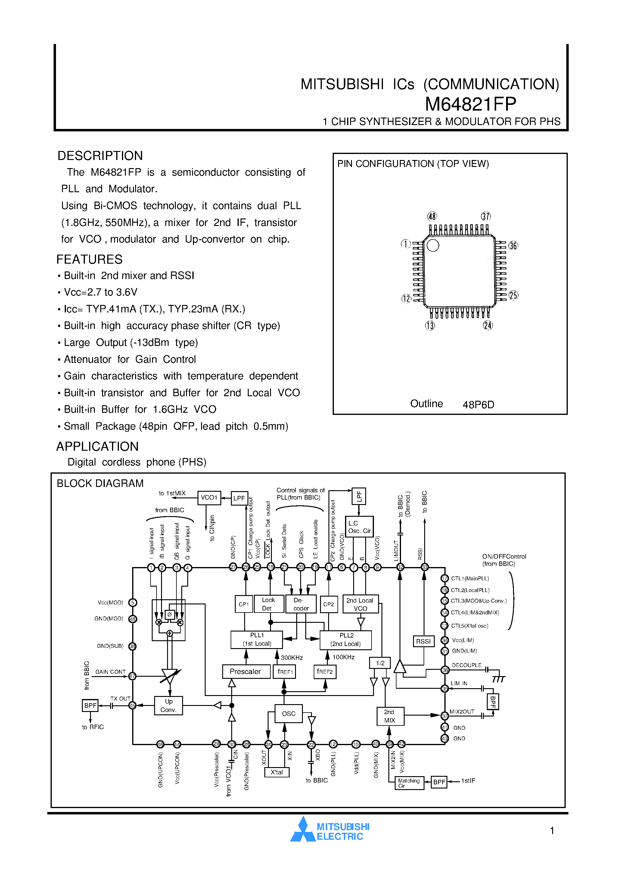 Datasheet M64821 - 1 CHIP SYNTHESIZER & MODULATOR FOR PHS page 1