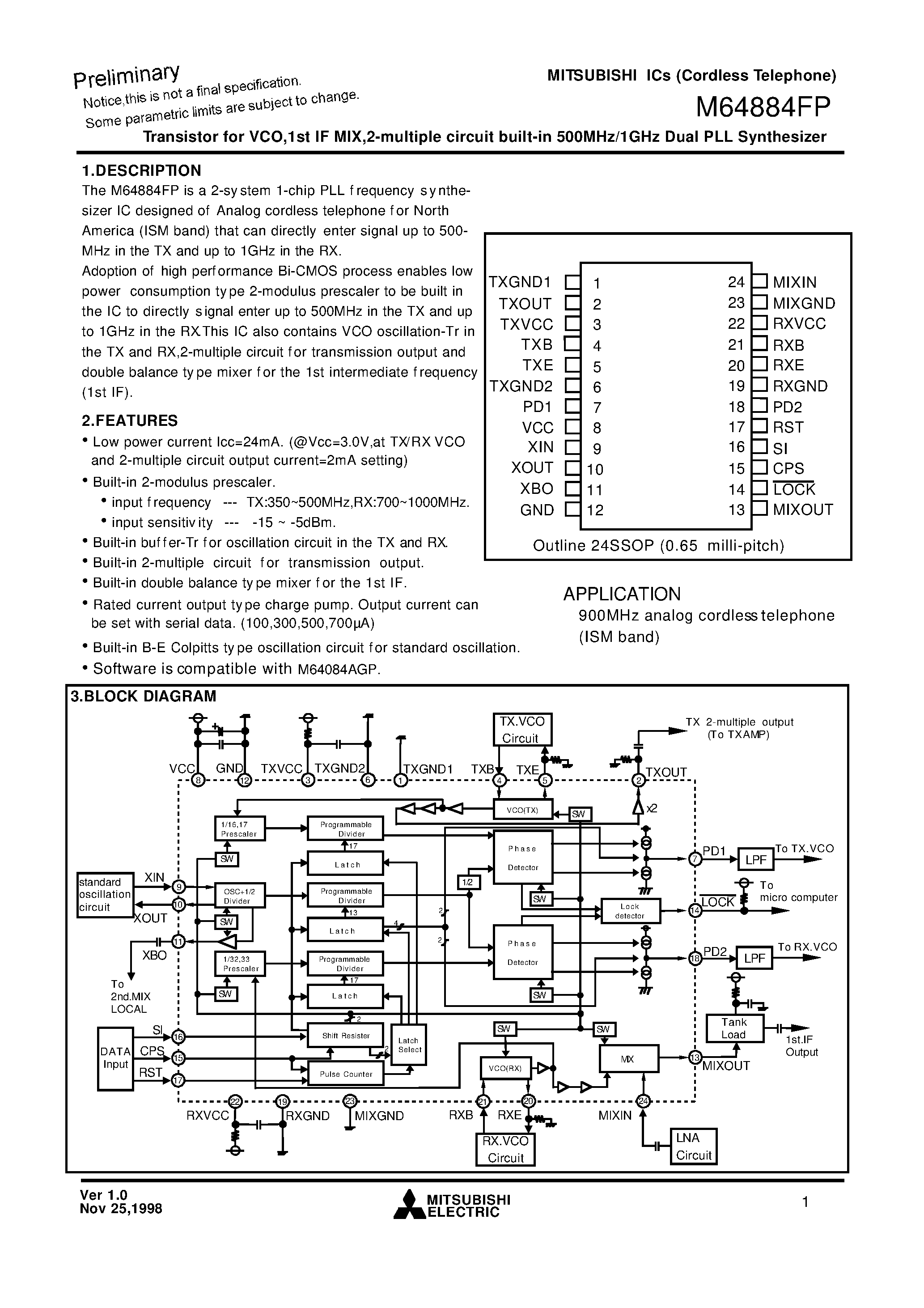 Datasheet M64884FP - Transistor for VCO /1st IF MIX /2-multiple circuit built-in 500MHz/1GHz Dual PLL Synthesizer page 1