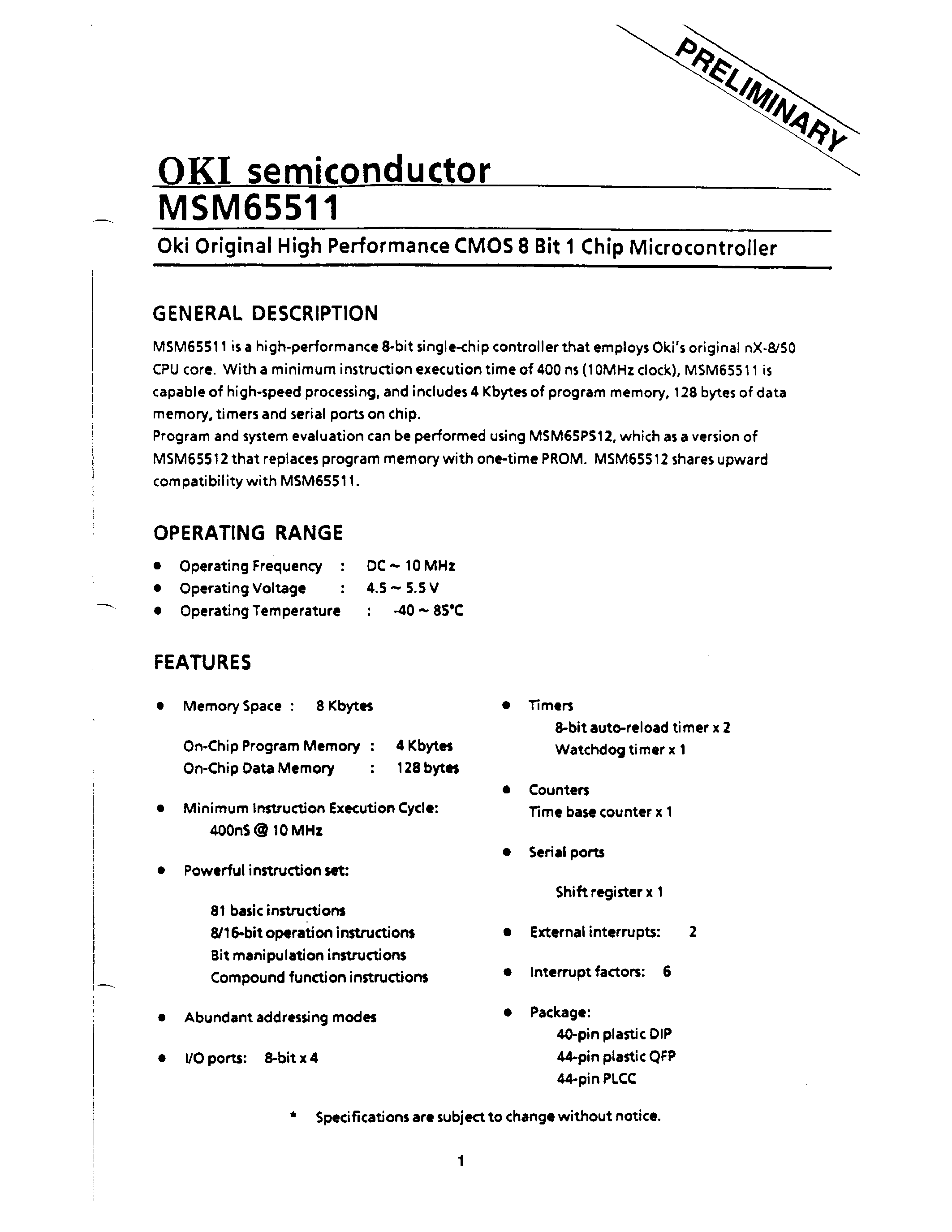 Datasheet M655 - Oki Original High Performance CMOS 8 Bit 1 Chip Microcontroller page 1