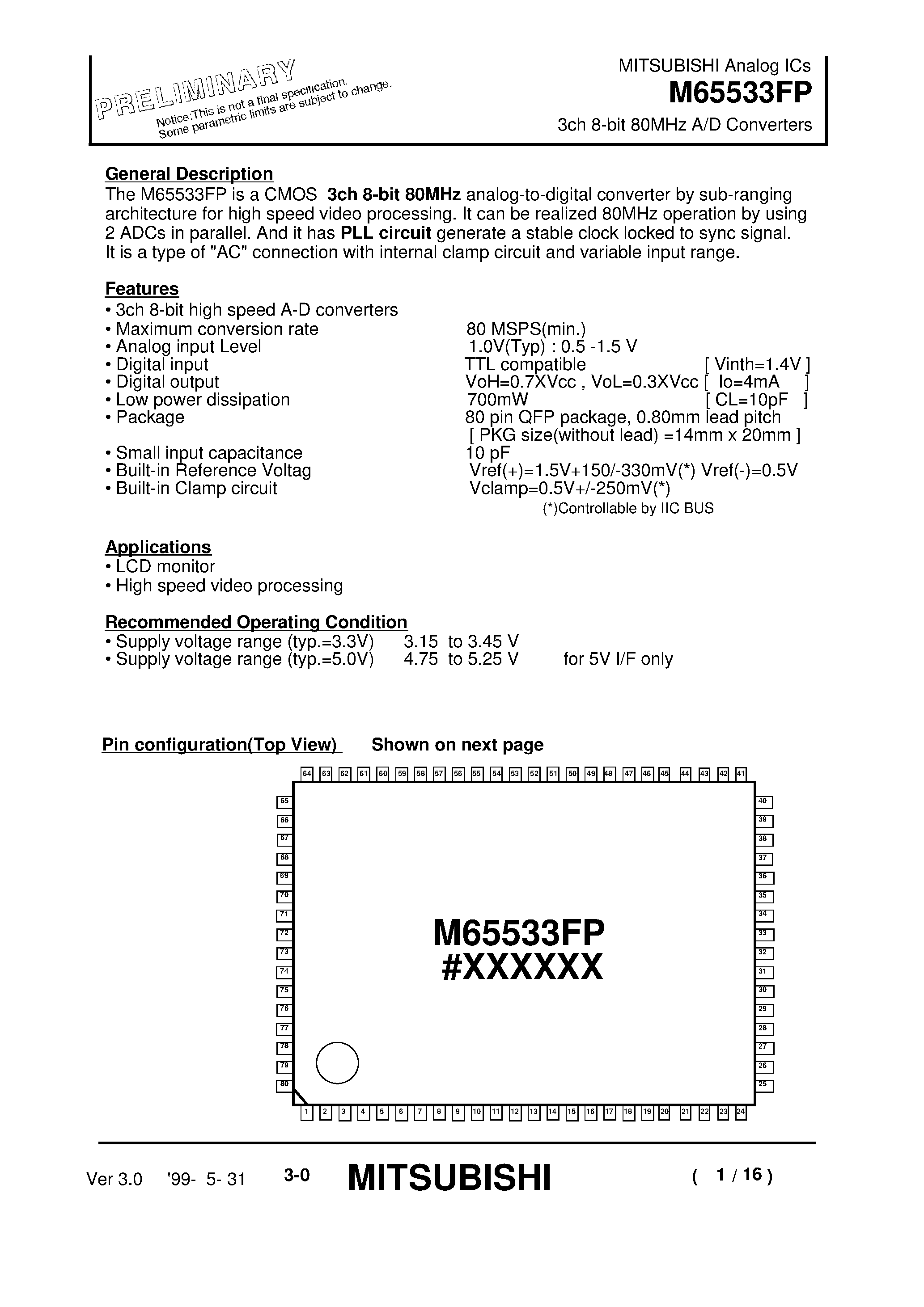 Даташит M65533FP - TRIPLE 10-BIT VIDEO D-A CONVERTER страница 1