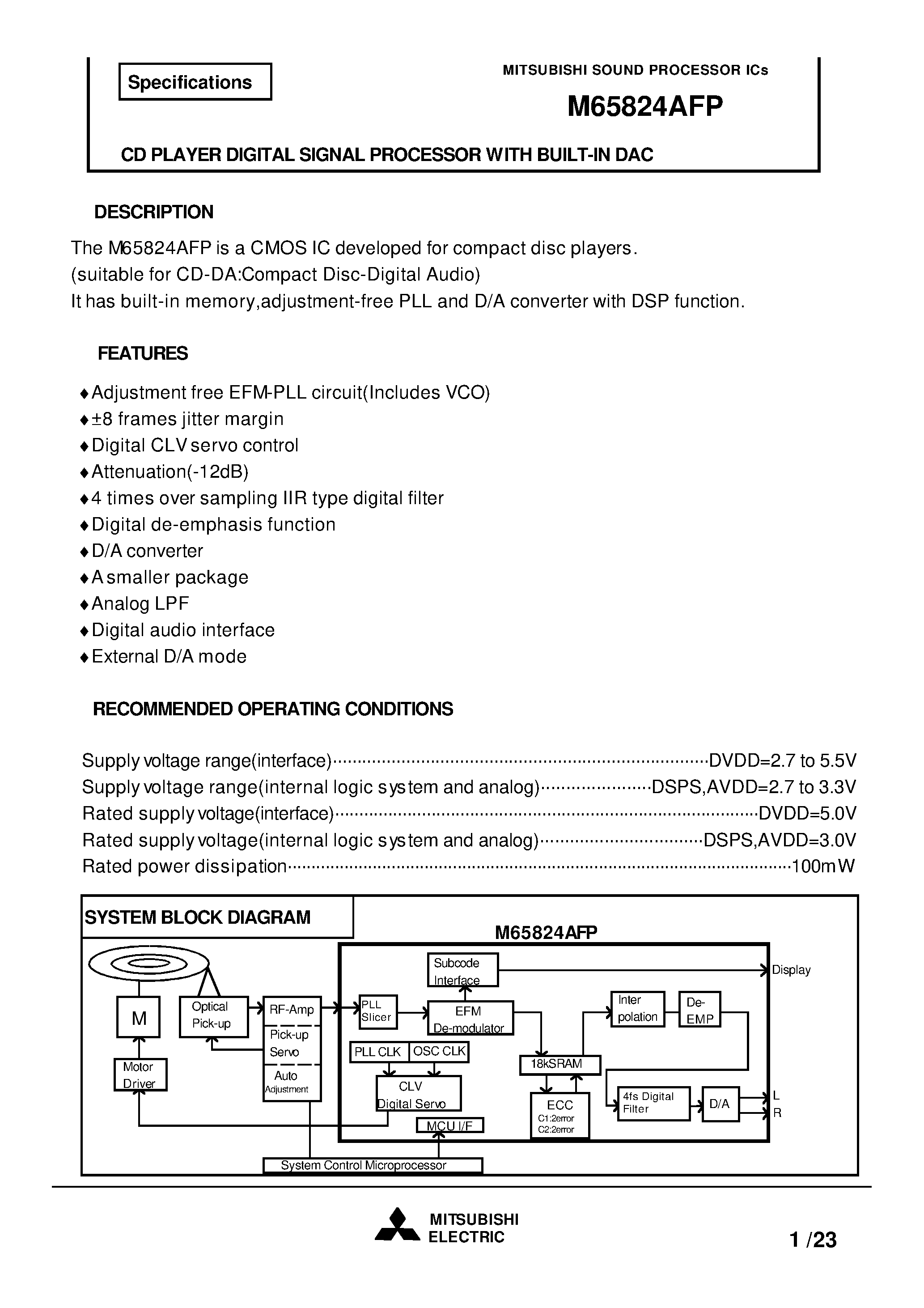 Datasheet M65824AFP - CD PLAYER DIGITAL SIGNAL PROCESSOR WITH BUILT-IN DAC page 1