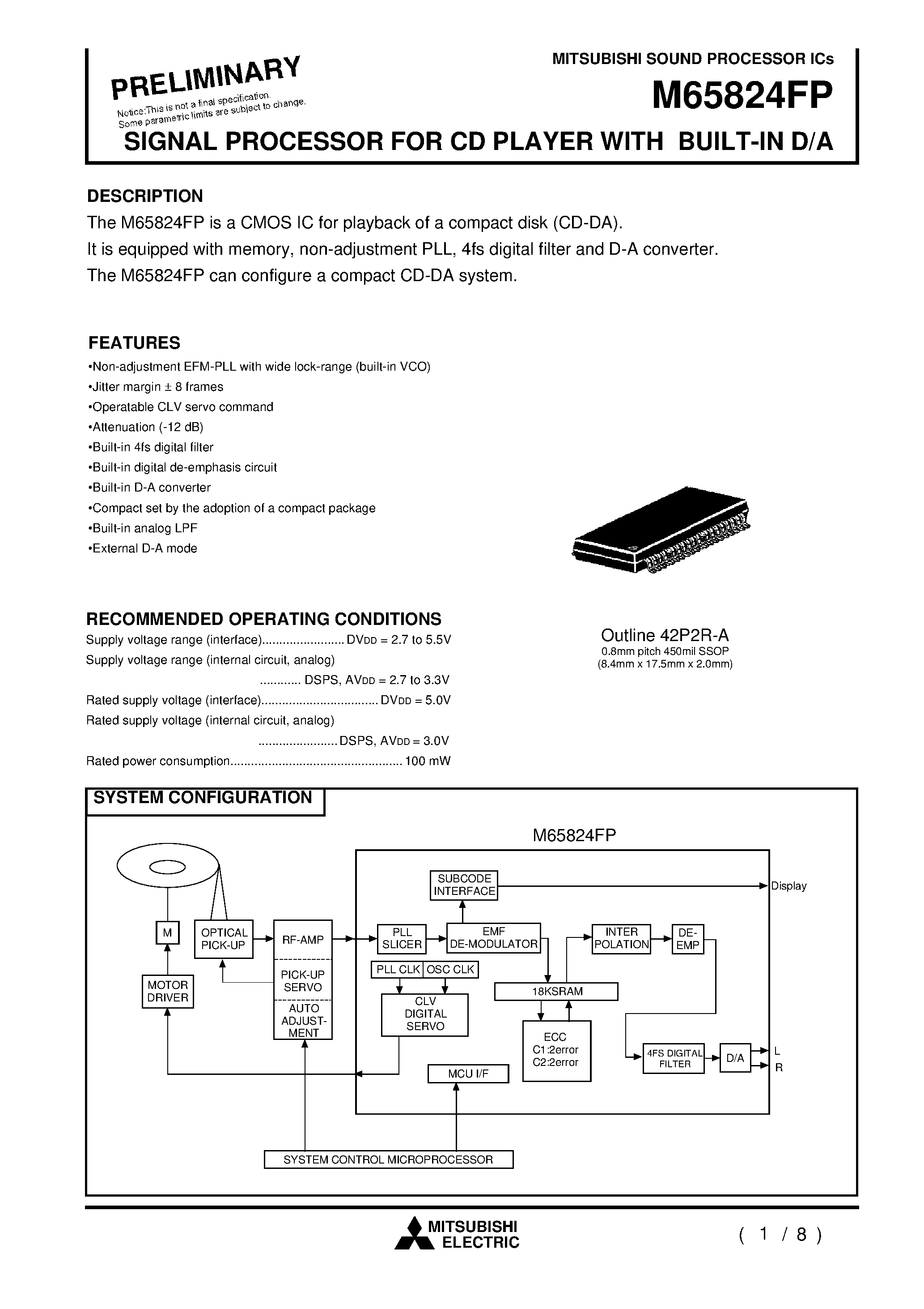 Даташит M65824FP - SIGNAL PROCESSOR FOR CD PLAYER WITH BUILT-IN D/A страница 1