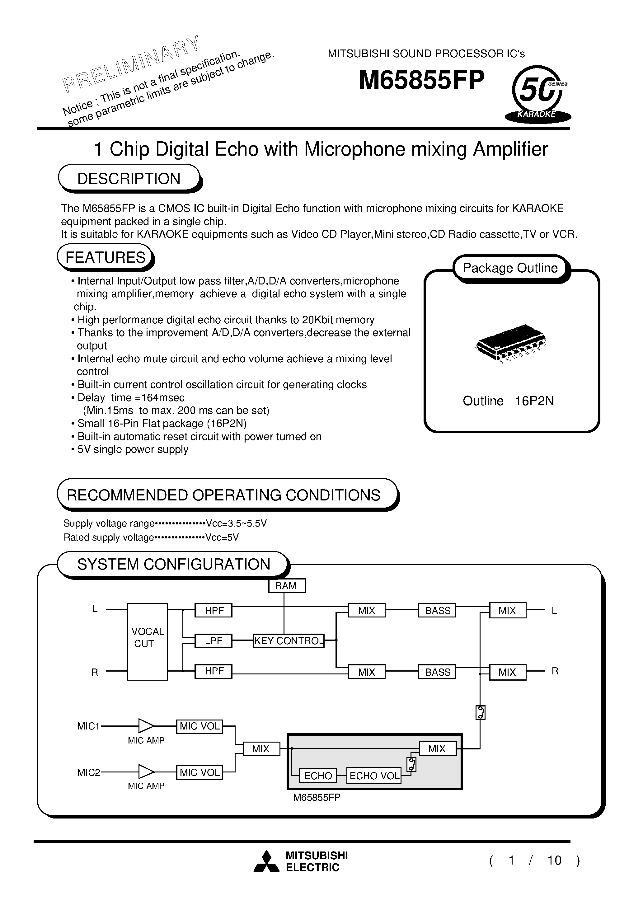 Datasheet M65855FP - 1 Chip Digital Echo with Microphone mixing Amplifier page 1