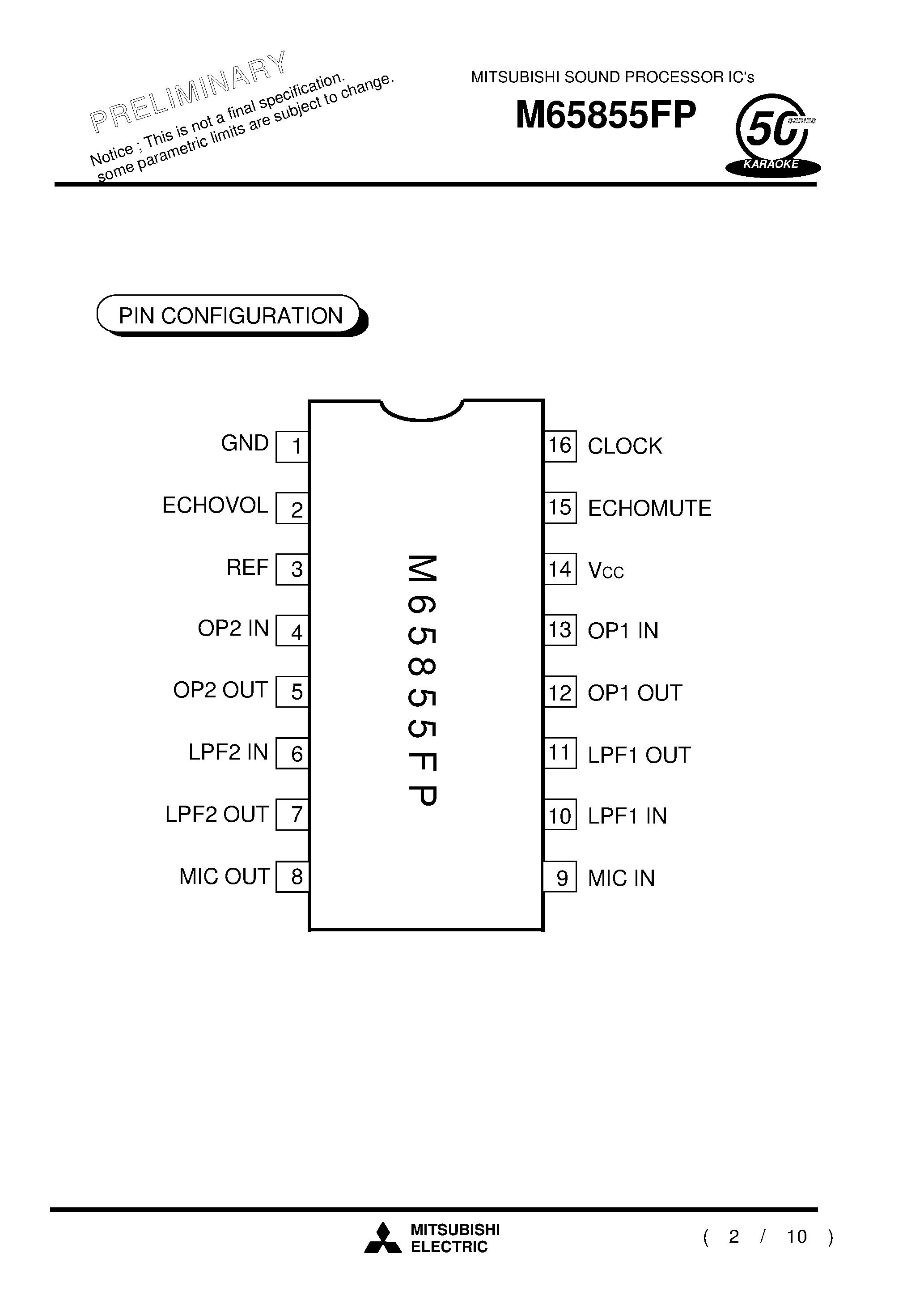 Datasheet M65855FP - 1 Chip Digital Echo with Microphone mixing Amplifier page 2