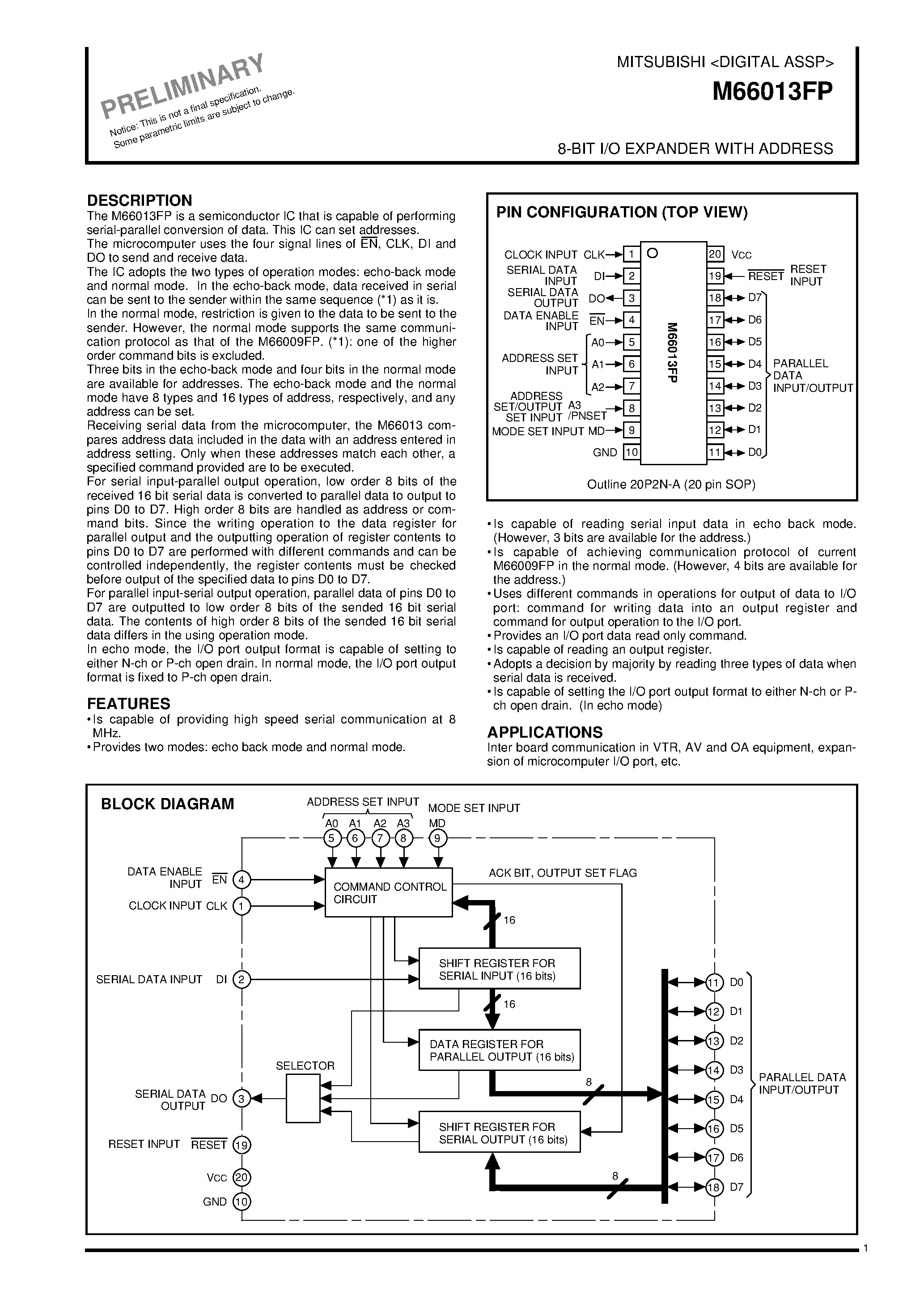 Даташит M66013FP - 8-BIT I/O EXPANDER WITH ADDRESS страница 1