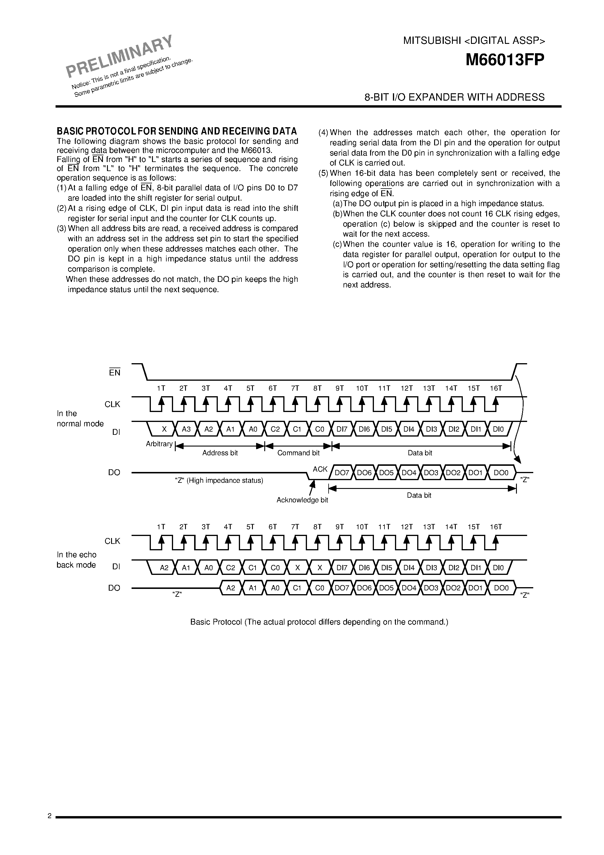 Даташит M66013FP - 8-BIT I/O EXPANDER WITH ADDRESS страница 2