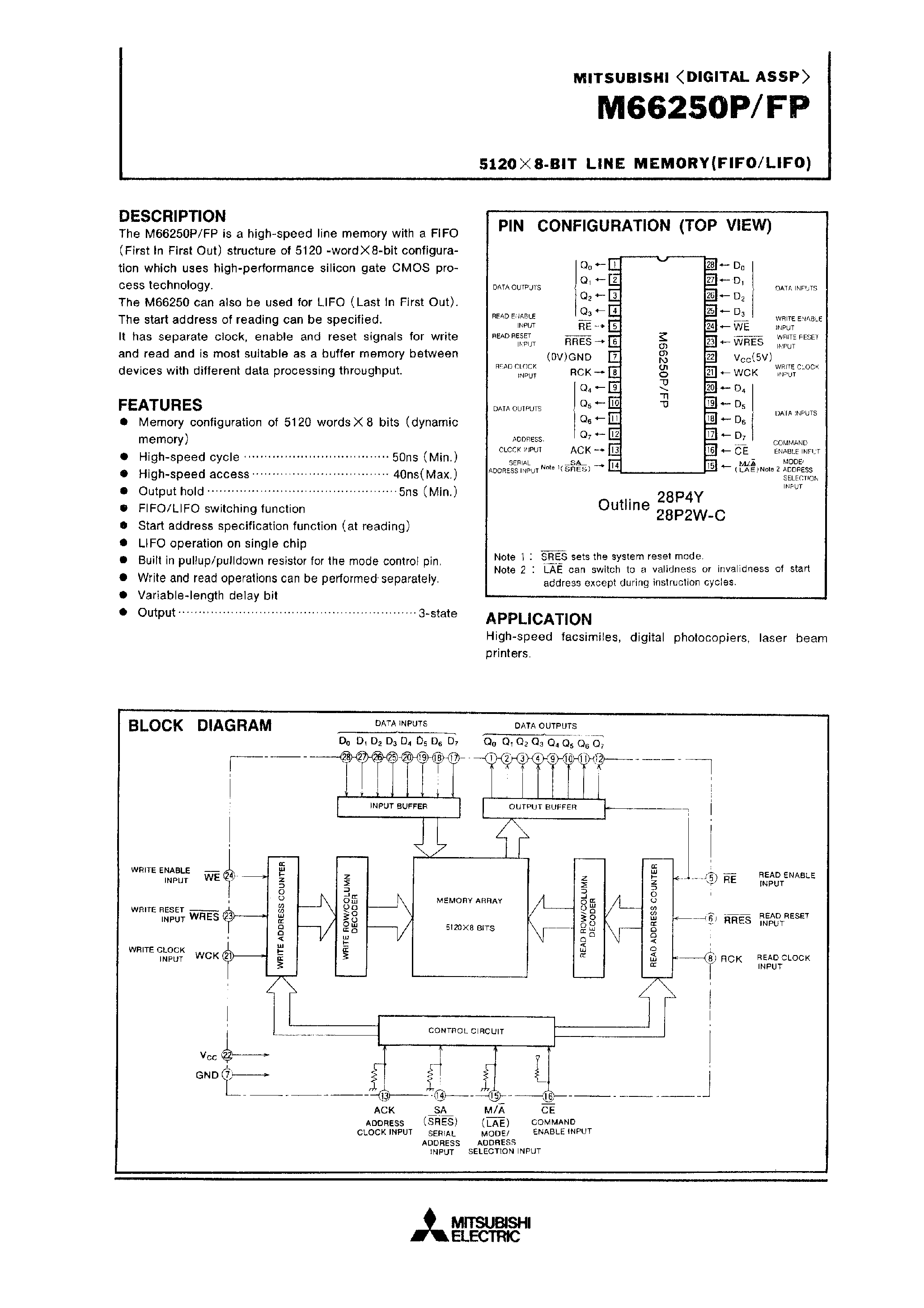 Datasheet M66250FP - 5120 X 8-BIT LINE MEMORY(FIFO/LIFO) page 1