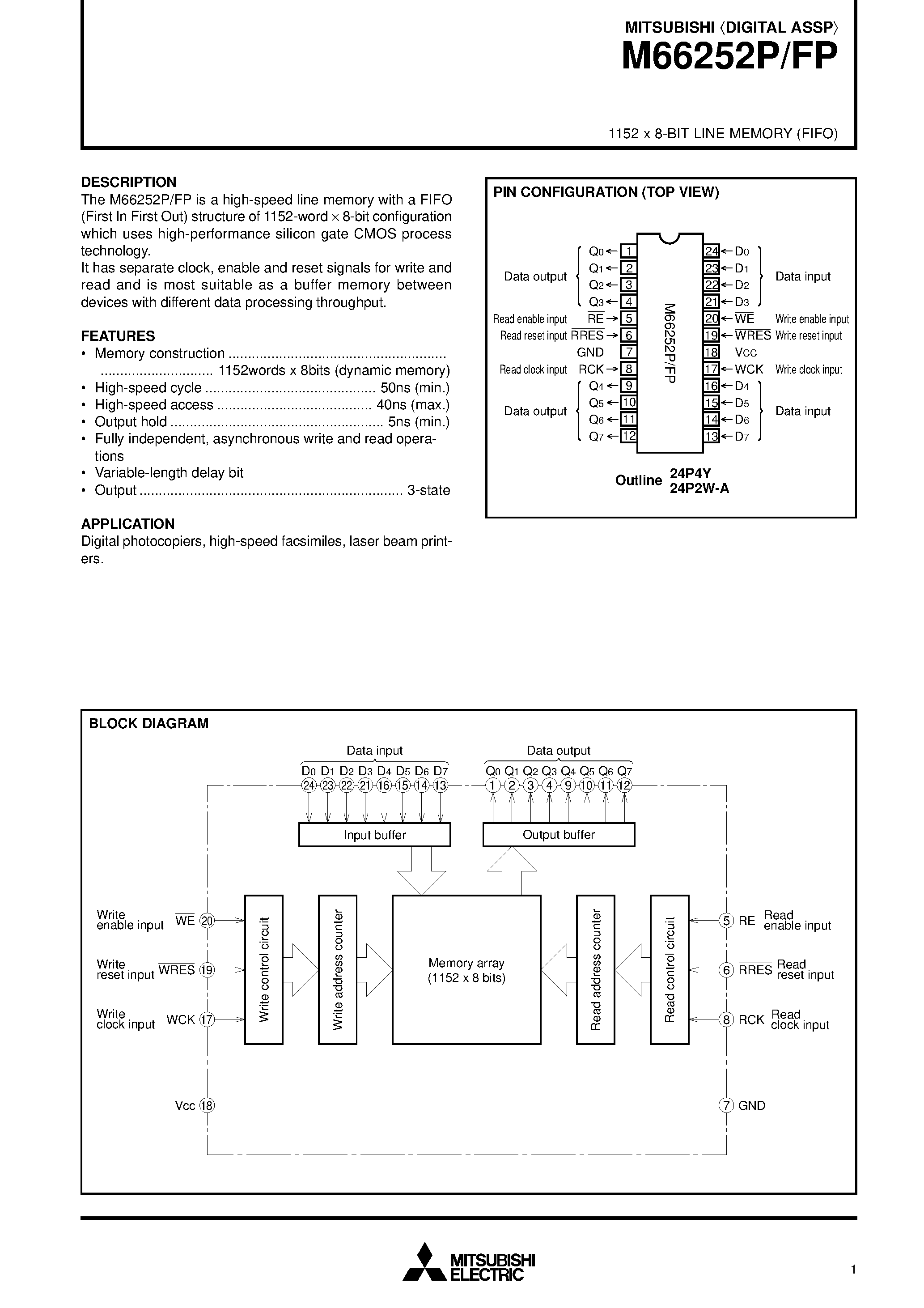 Даташит на микросхему M66252FP страница 1 Даташит M66252FP - 1152 x 8-BIT LINE MEMORY FIFO страница 1