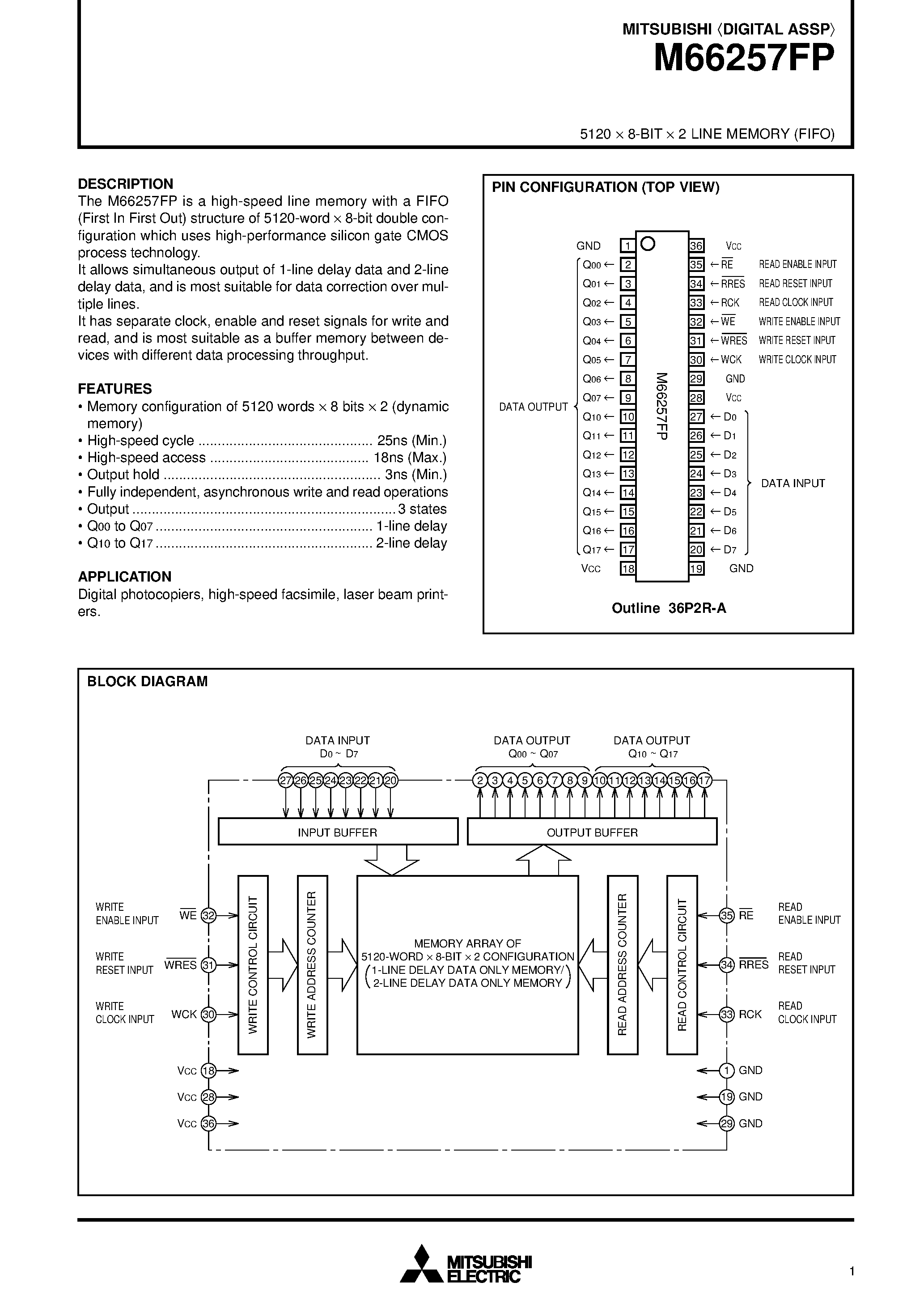 Даташит M66257FP - 5120 x 8-BIT x 2 LINE MEMORY (FIFO) страница 1